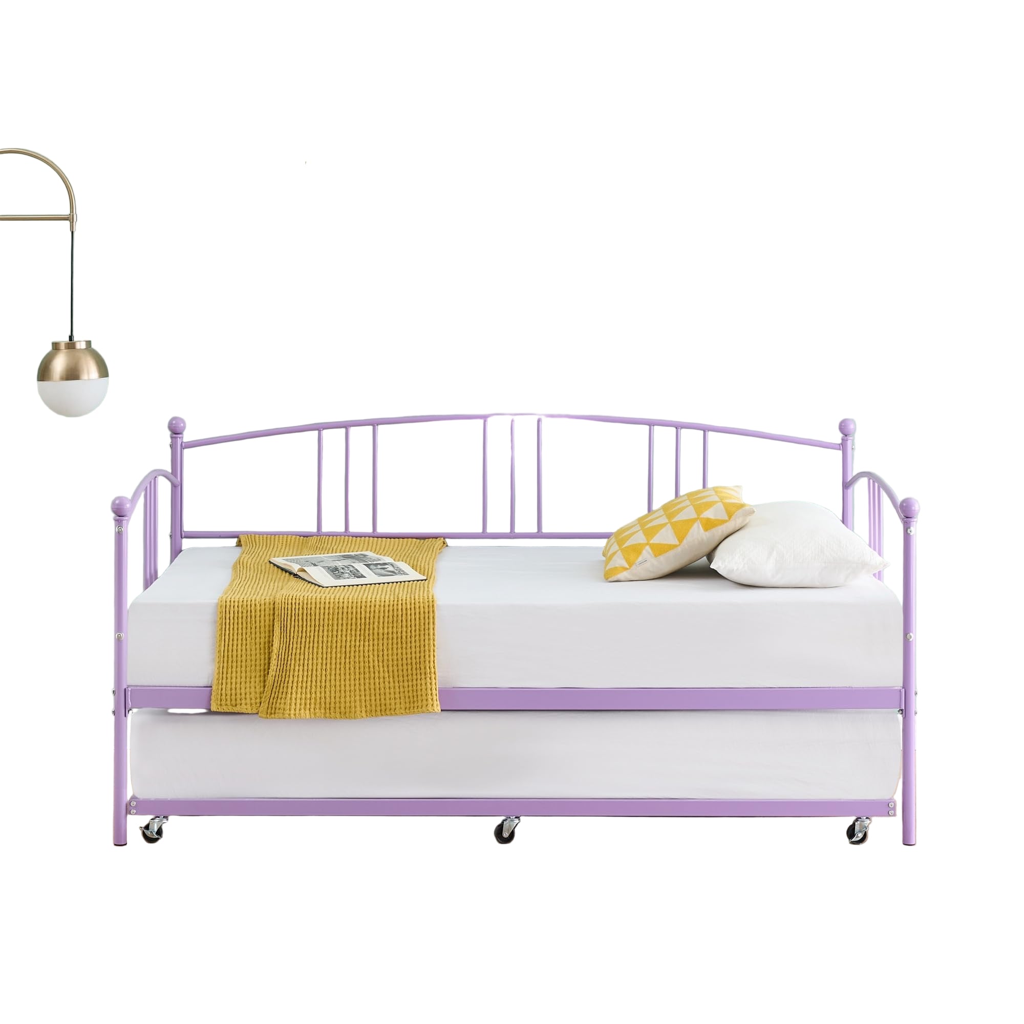 Daybed with Trundle, Metal Twin Size Day Bed with 6 Casters Pullout Trundle