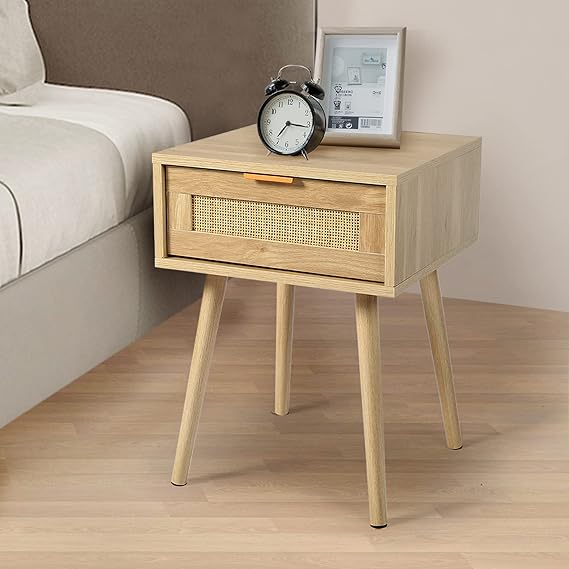 Nightstands Set of 2 with Rattan Drawer, Modern Night Stand for Bedrooms