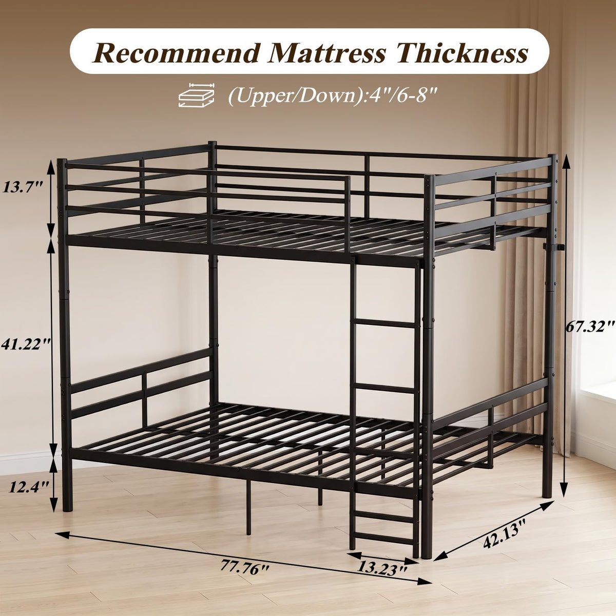 Metal Bunk Bed with Ladder and Guardrail