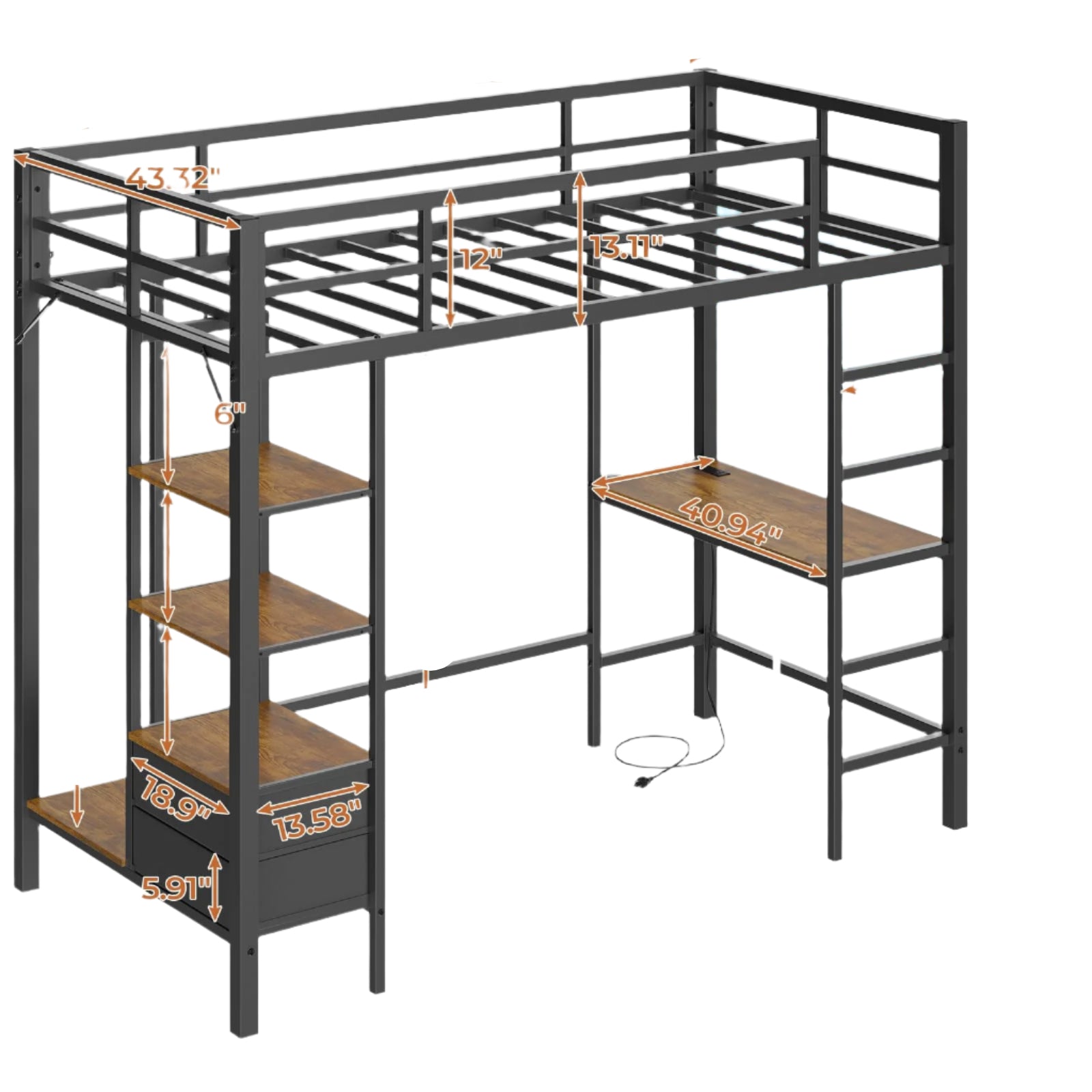Twin Size Loft Bed with Desk and Led Lights Metal Loft Bed