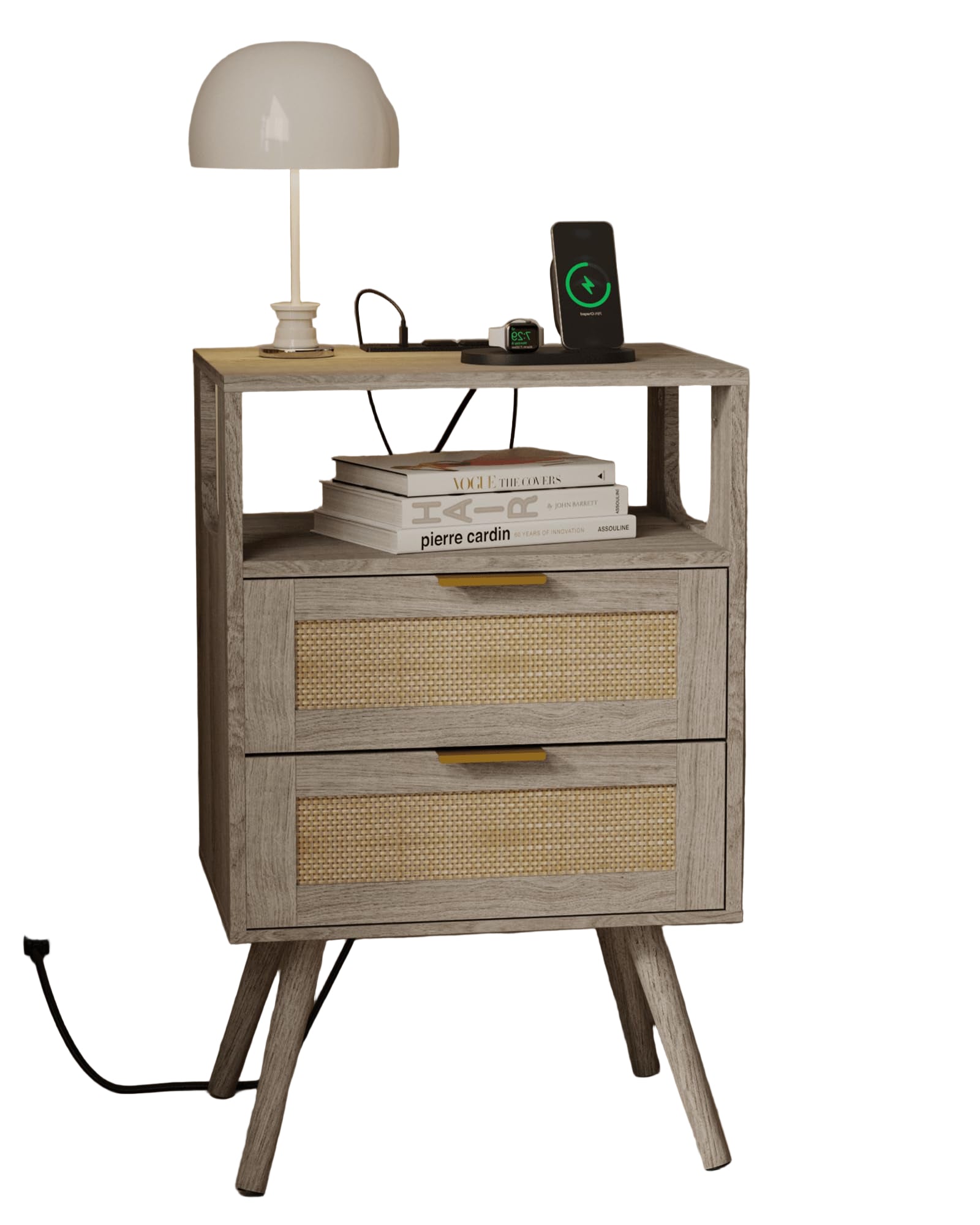 Rattan Nightstand with Charging Station,Farmhouse Bedside Table