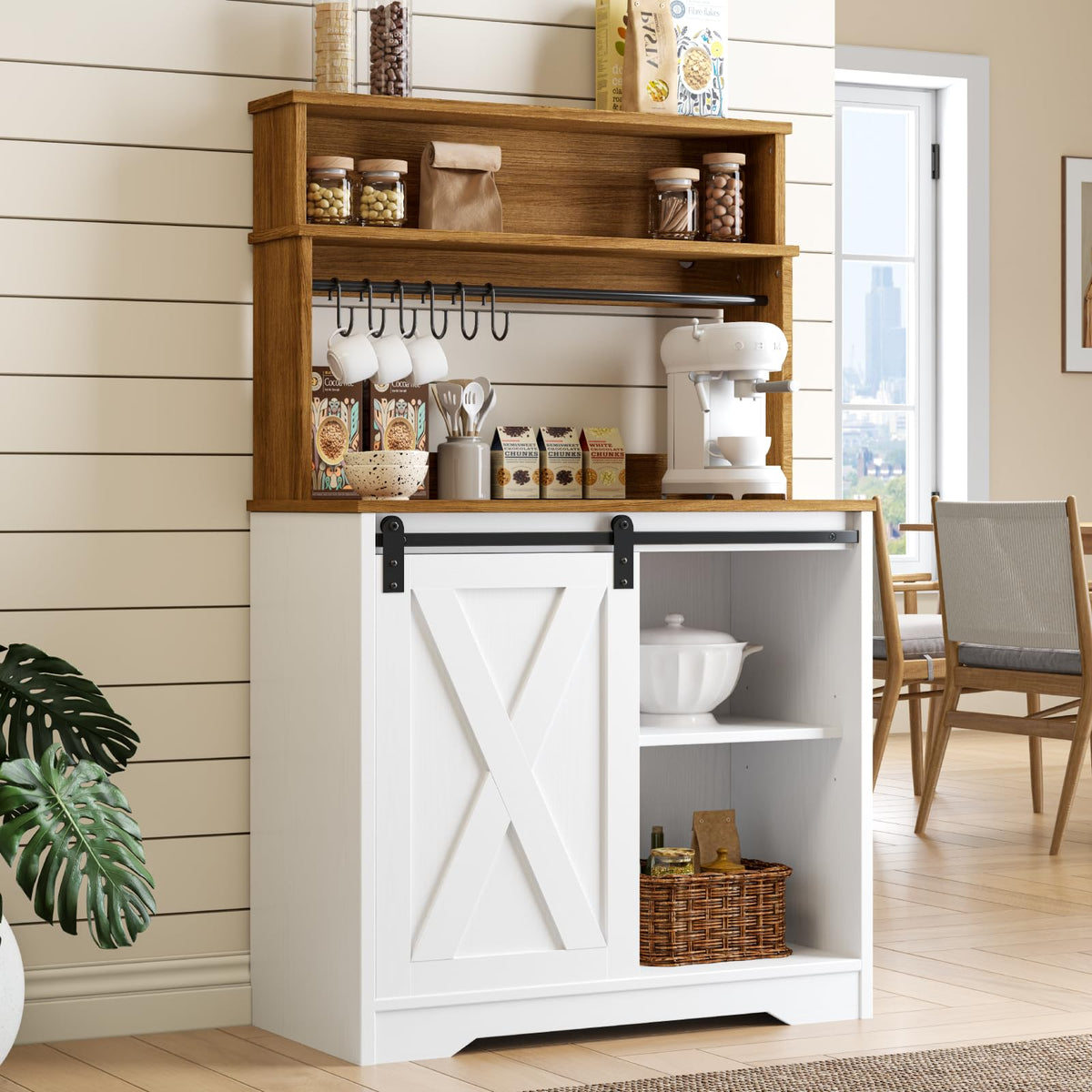 Farmhouse Coffee Bar Cabinet with Hutch & LED Light