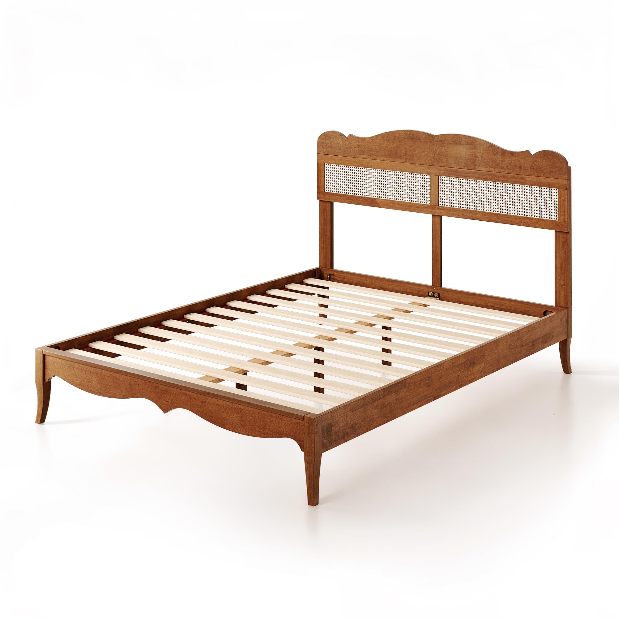 Wooden Bed Frame Queen Size - Solid Wood Bed with Woven Rattan Headboard