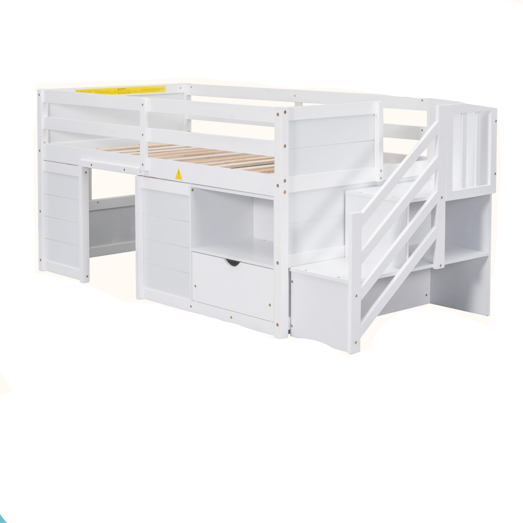 Twin Size Loft Bed, Kids Low Loft Bed with Stairs and Playhouse for Storage