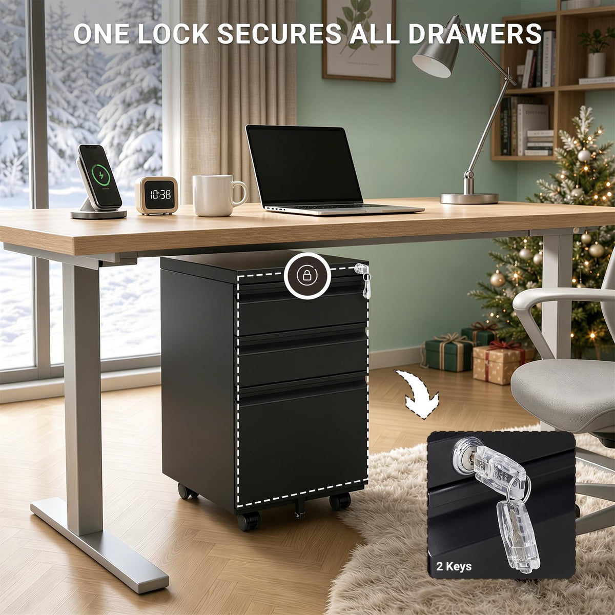 3-Drawer Mobile Metal Filing Cabinet with Central Lock | Under Desk