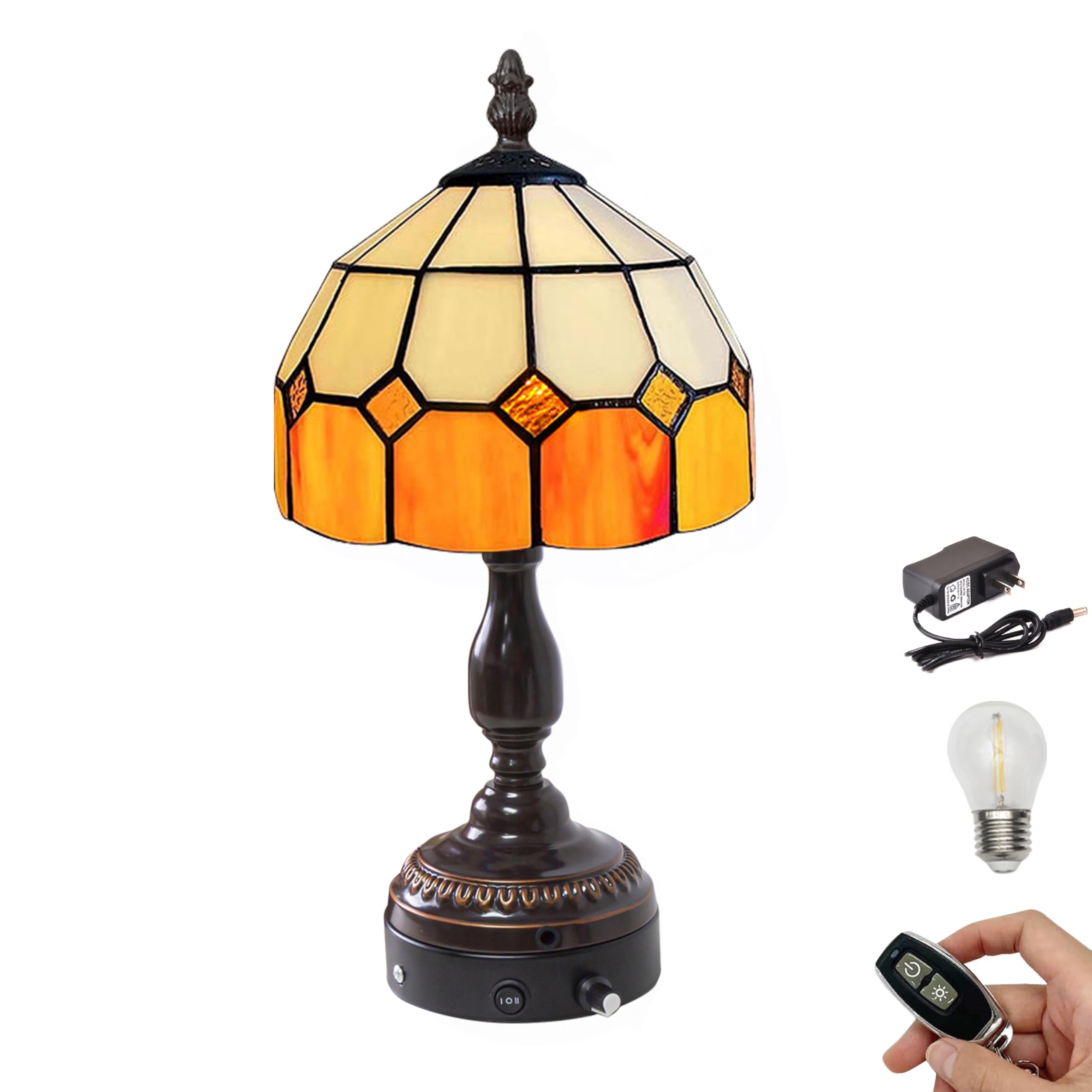 Cordless Table Lamp, Dimmable Bedside Lamps for Nightstand with Yellow Glass