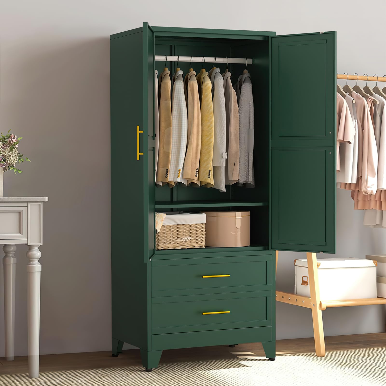 Armoire Wardrobe Closet with 2 Doors & 2 Drawers, Metal Storage Cabinet