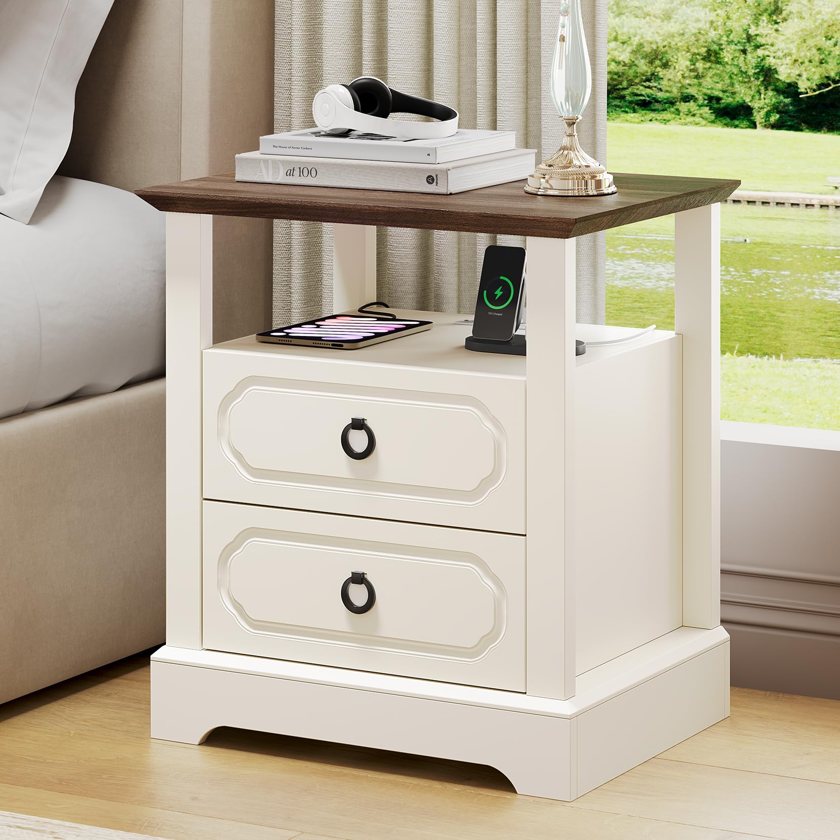 21.3" Farmhouse Nightstand with Charging Station, Modern End Table