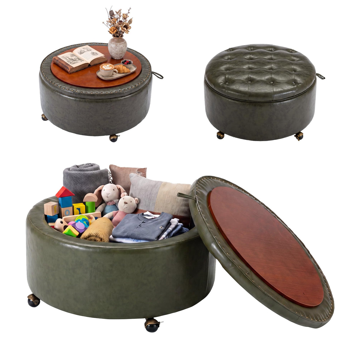 Round Storage Ottoman with Tray & Wheels