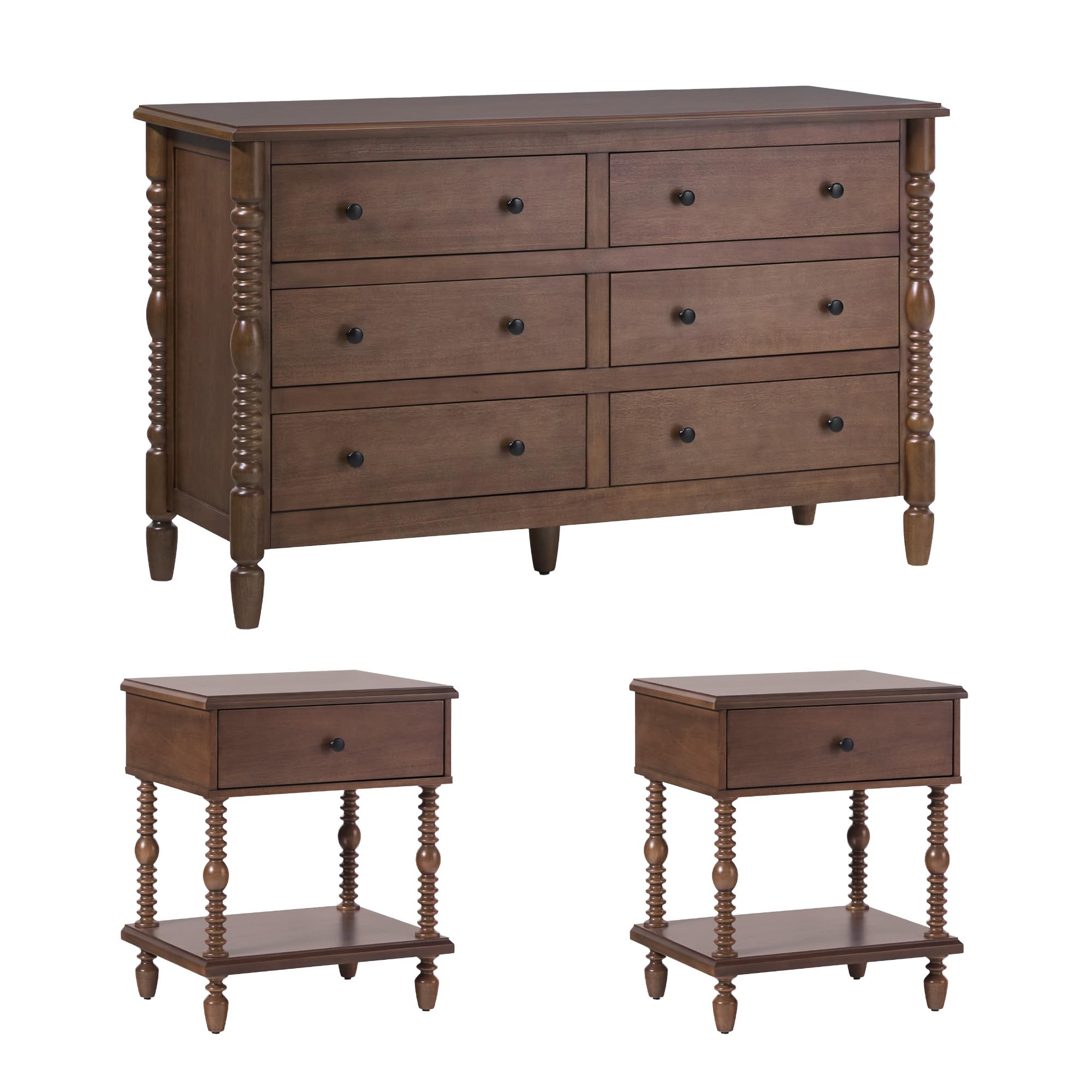 Solid Wood Spindle Vivienne EZ Assembly™ Premium 1-Drawer Nightstands and 6-Drawer