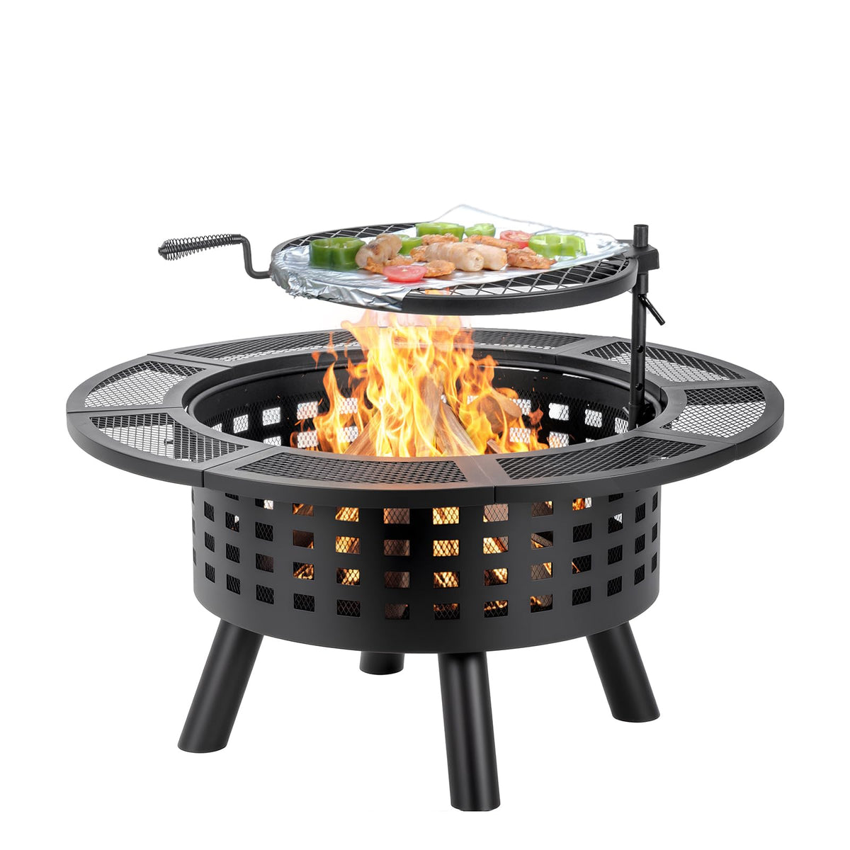3-in-1 Outdoor Wood Burning Fire Pit with Cooking Grate, 36 Inch Round