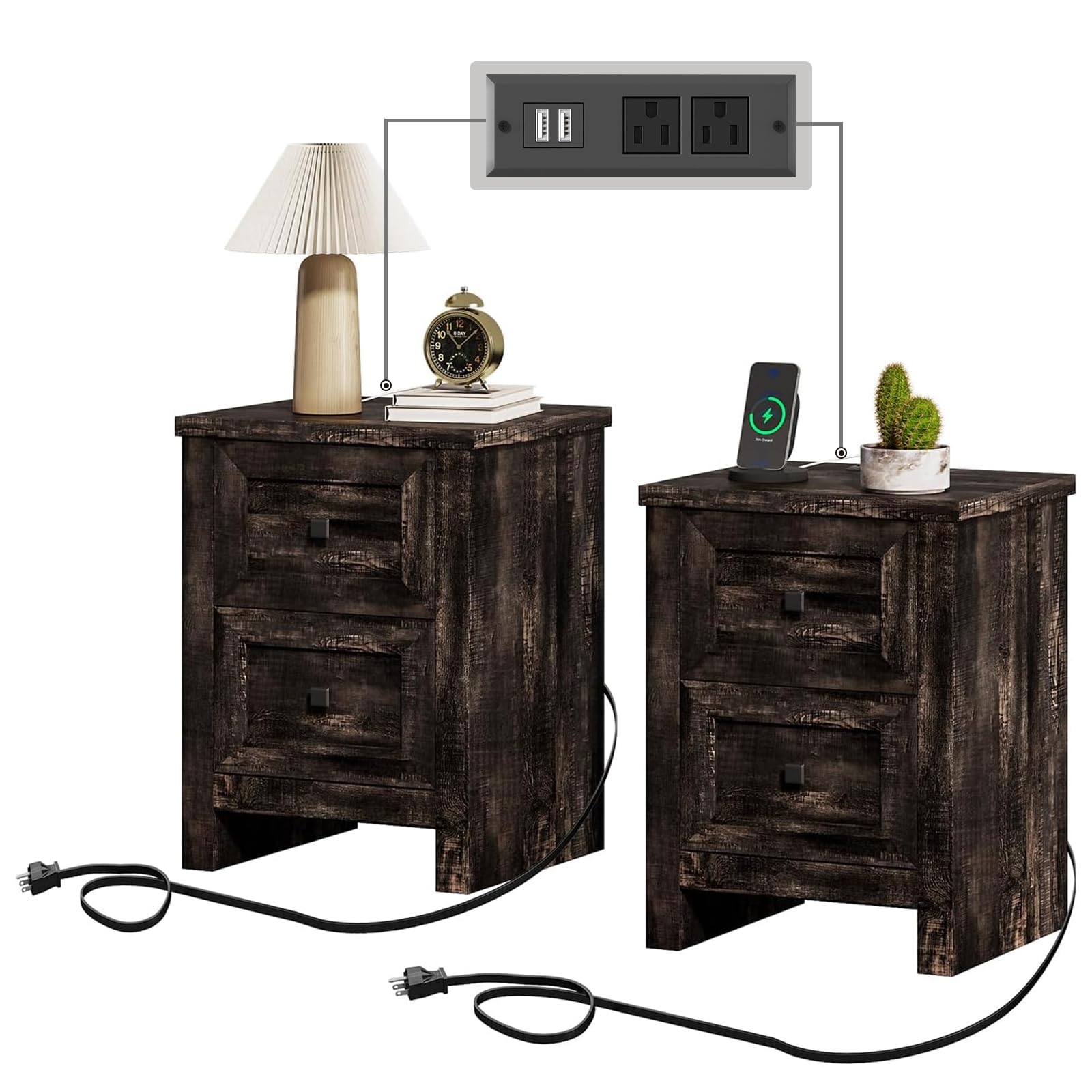 Nightstand Set of 2 with Charging Station, Farmhouse End Table