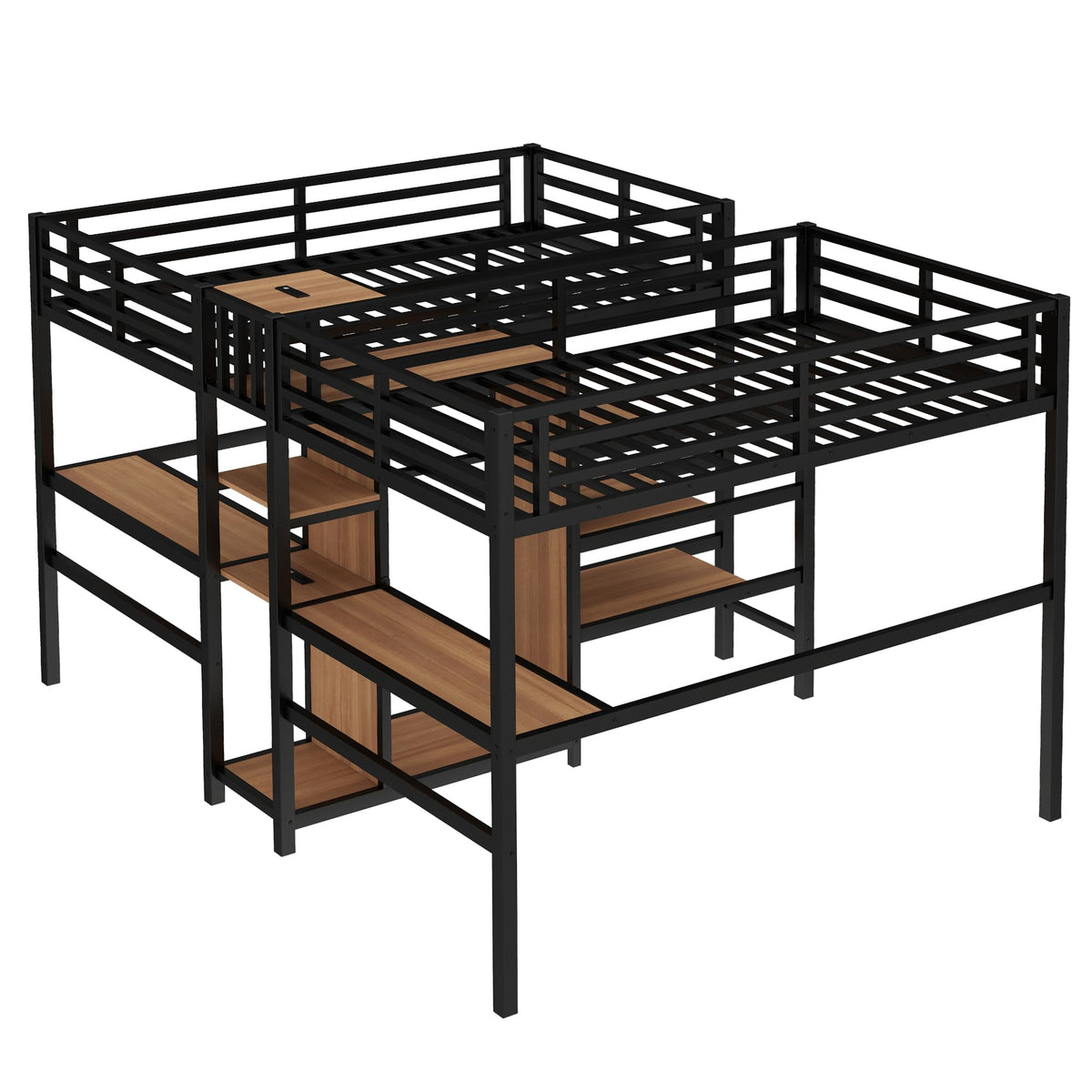 Twin Over Twin Metal Loft Bed with Desk, Wardrobe & Charging Station