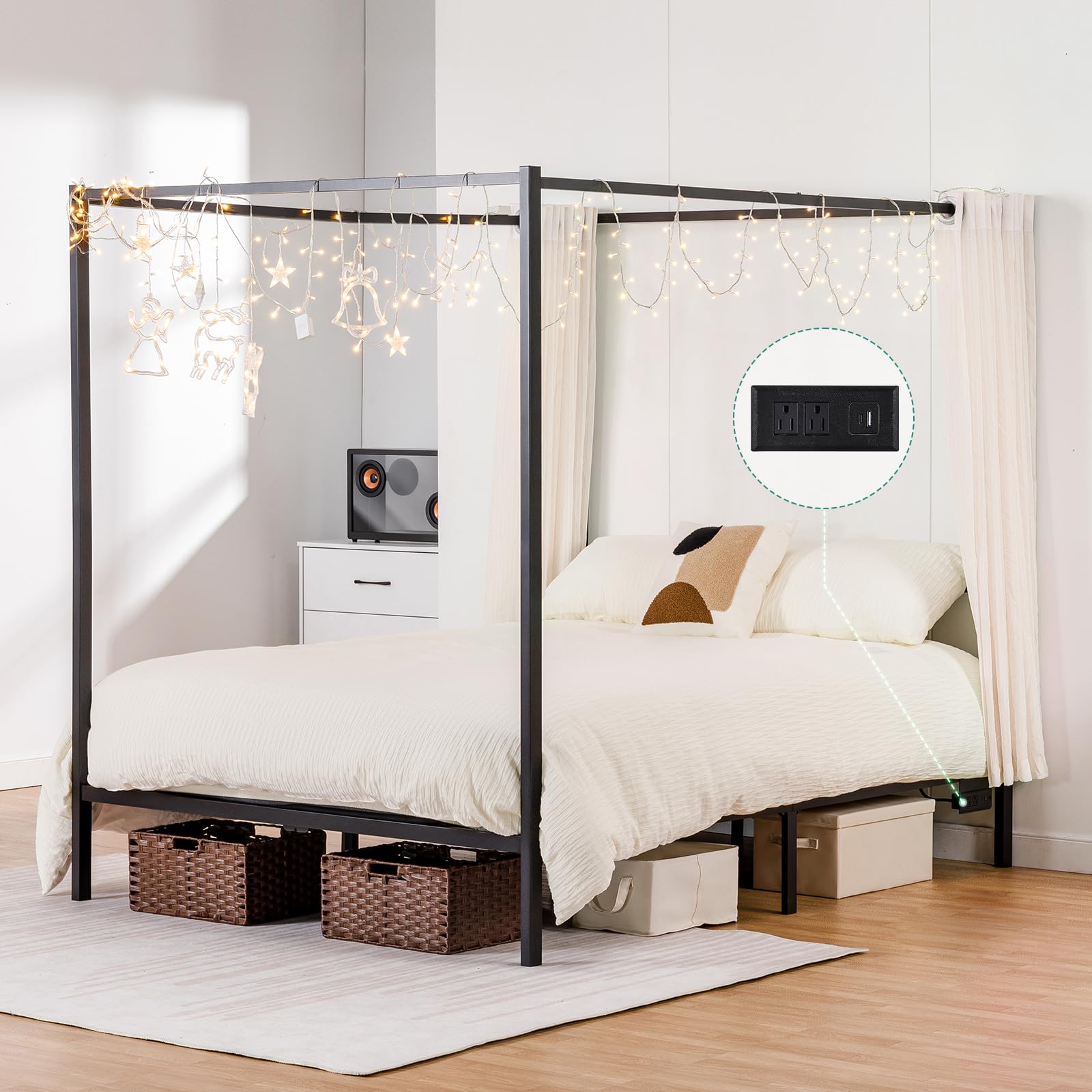Canopy Bed Frame,Metal Bed Frames with Movable Charging Station,Four-Poster Platform