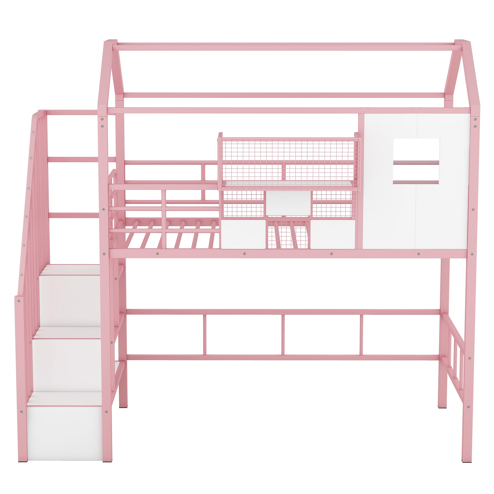 Loft Bed with Stairs and Storage, Heavy-Duty Metal Princess Loft