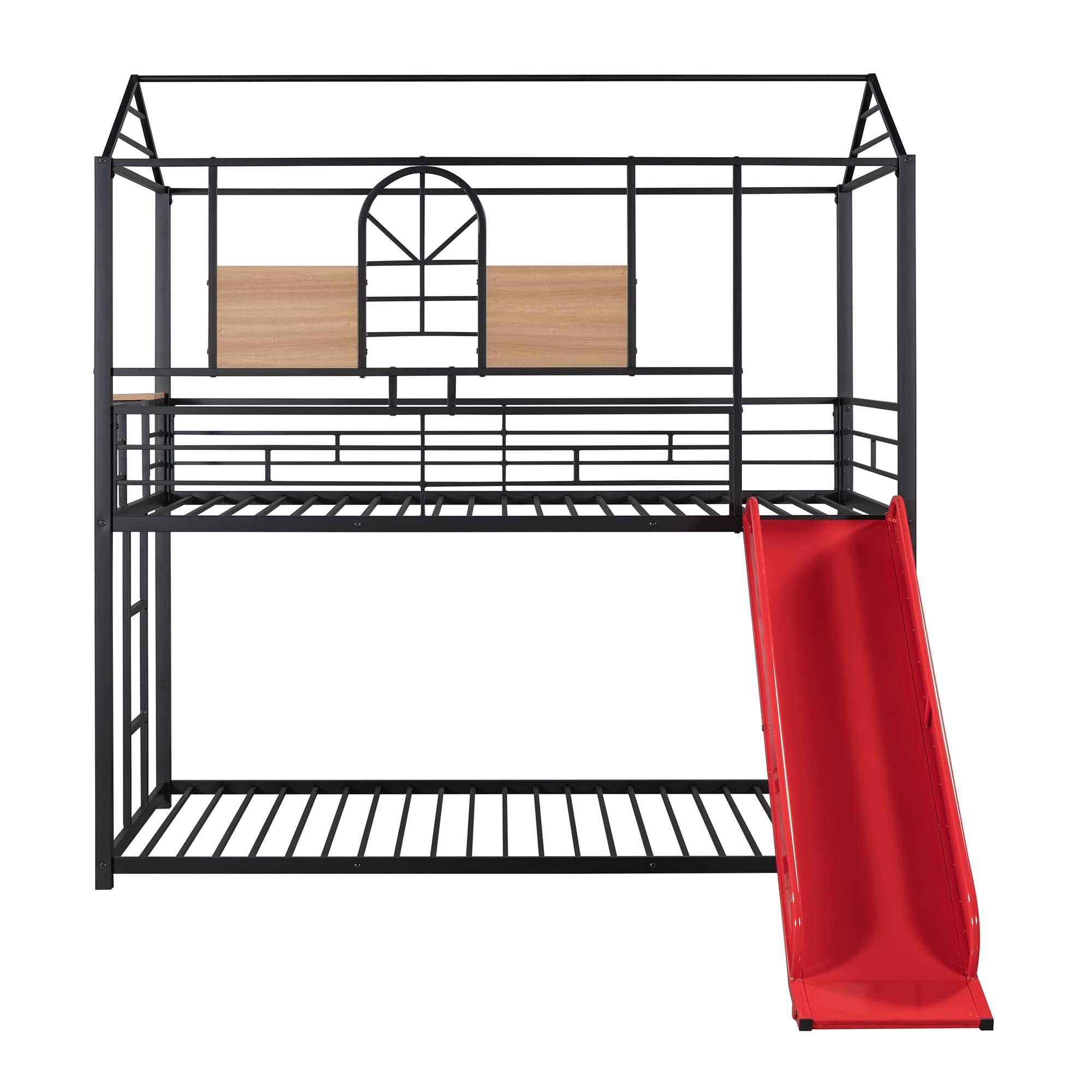 Twin Metal Bunk Bed with Slide and House Design, Black Bed Frame with Red Slide