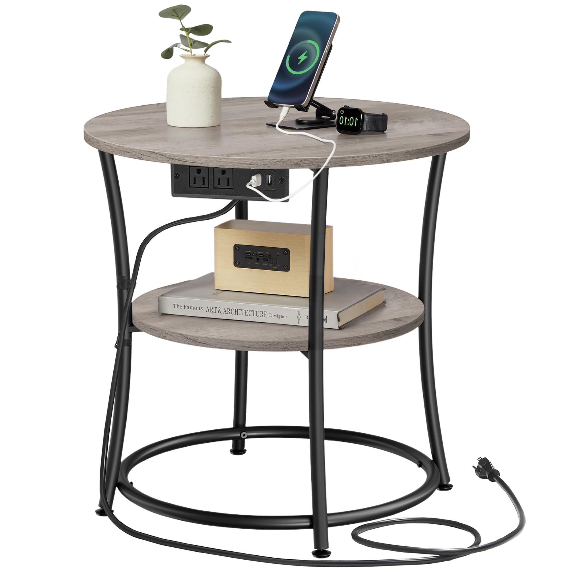 Side Table, 2-Tier Round End Table with Power Outlets
