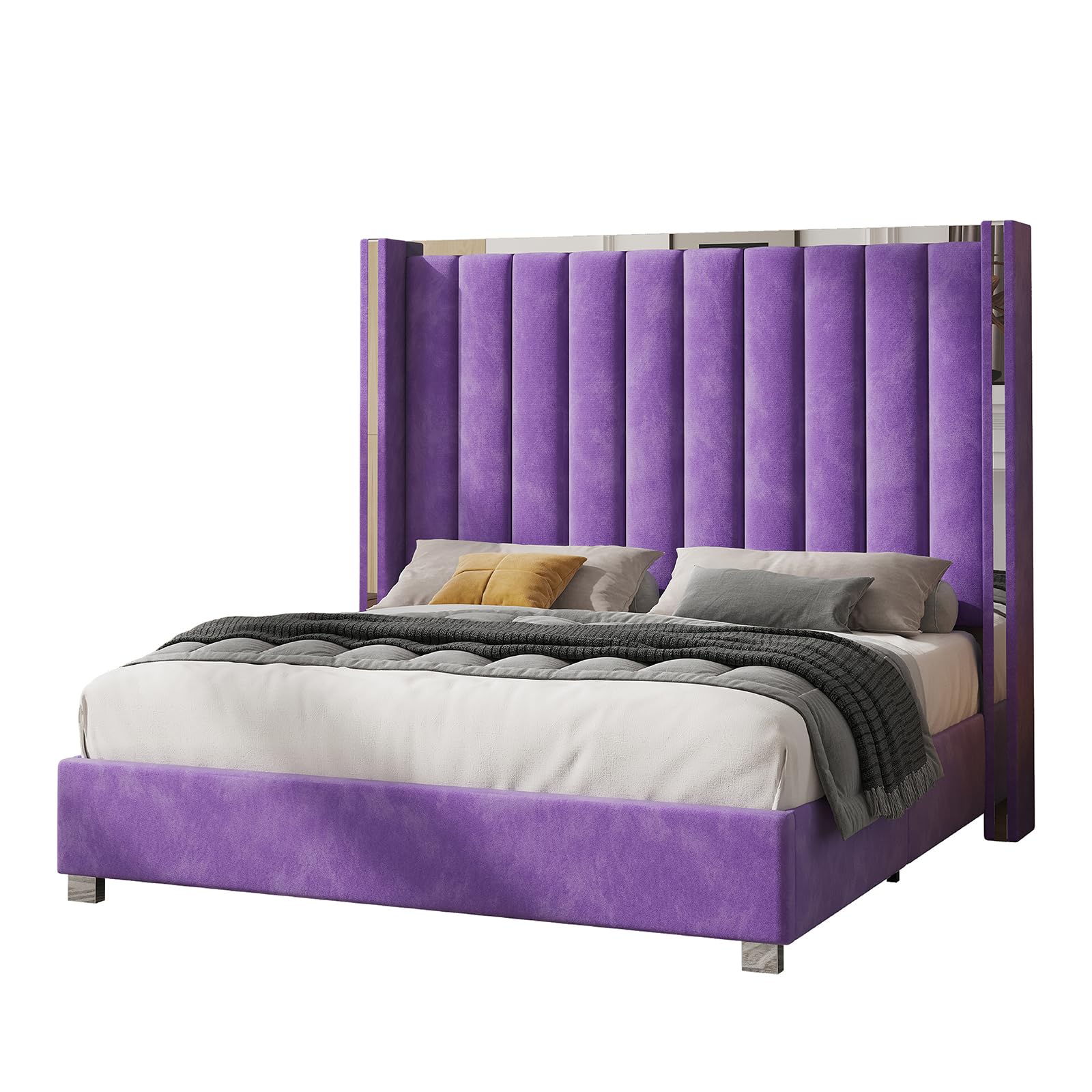 Queen Bed Frame with 58" Tall Headboard, Velvet Upholstered Platform Bed