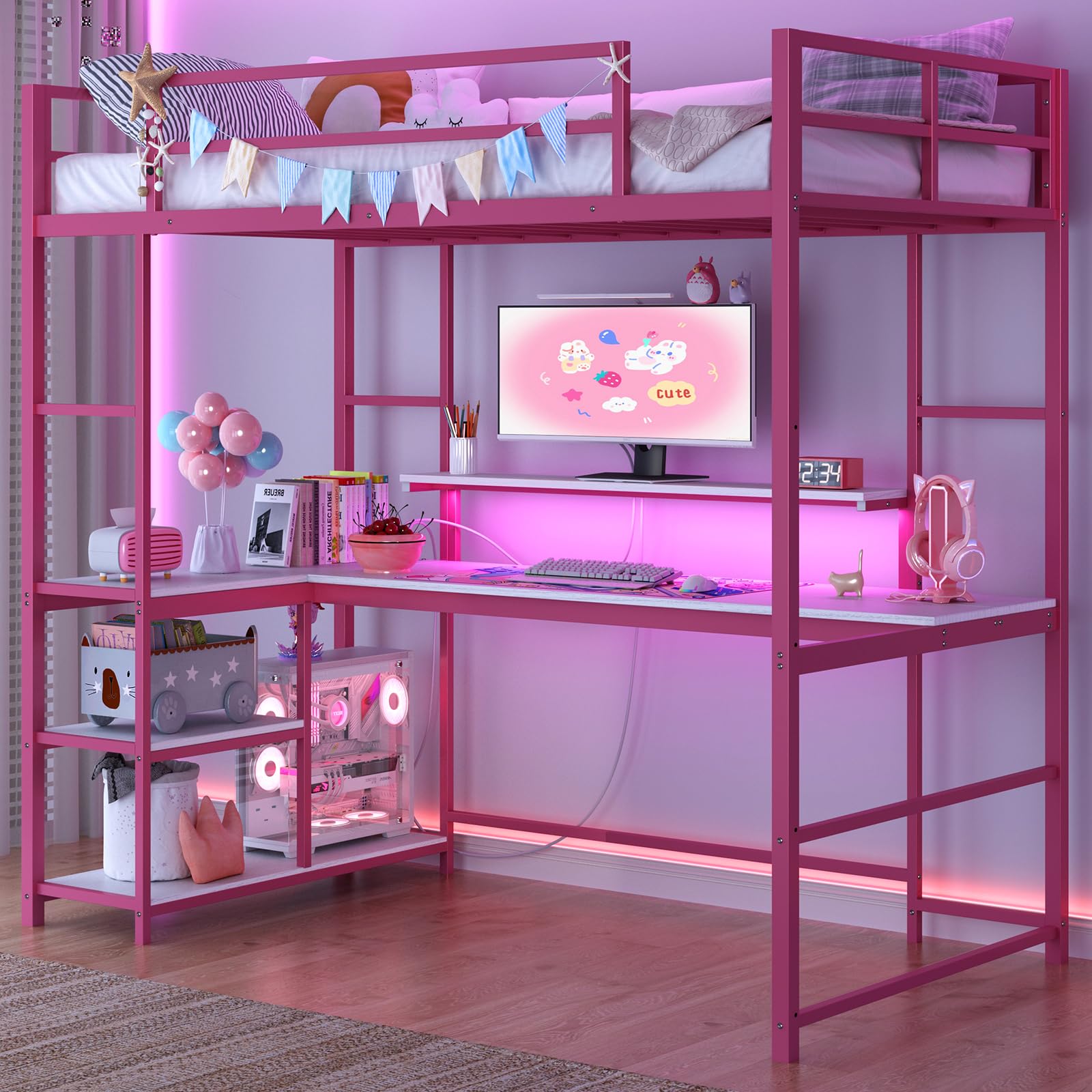 Twin Loft Bed with Large Desk and LED Lights, Metal Loft Bed Frame with Ladder