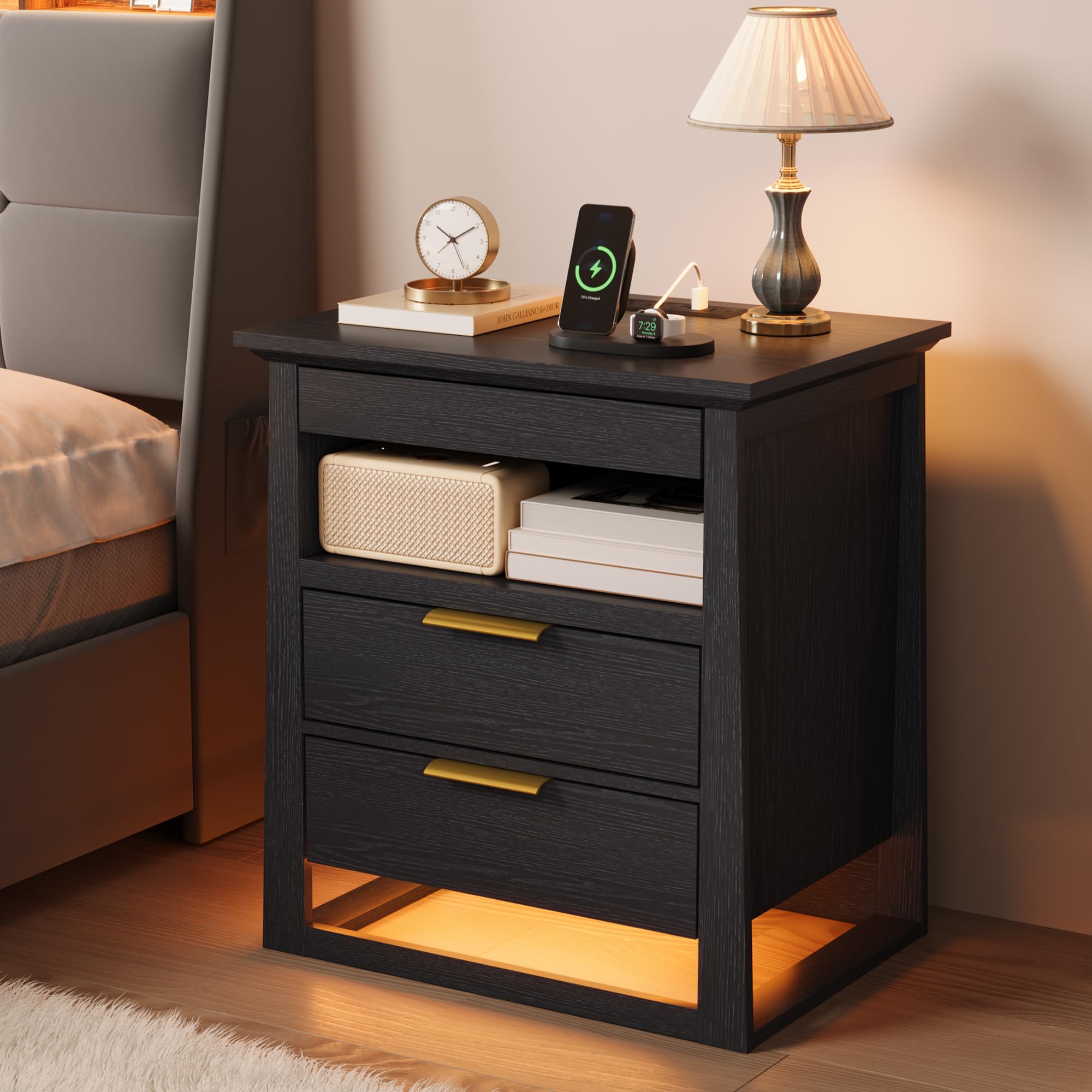 Nightstand with Sensor LED Light and Charging Station