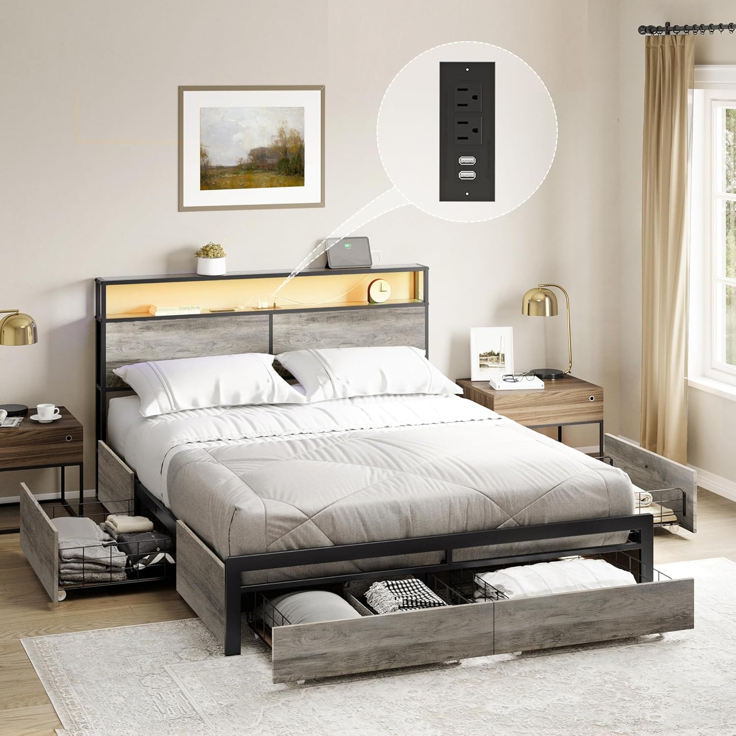 King Bed Frame with Storage Headboard & 4 Drawers - Metal Platform, LED Lights