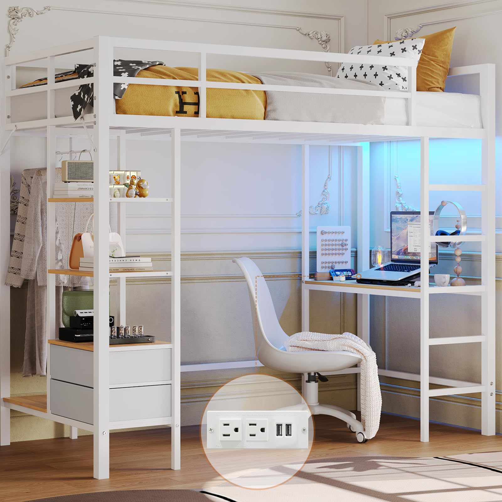 Loft Bed Twin Size with Desk and Charging Station Metal Loft Bed with Led