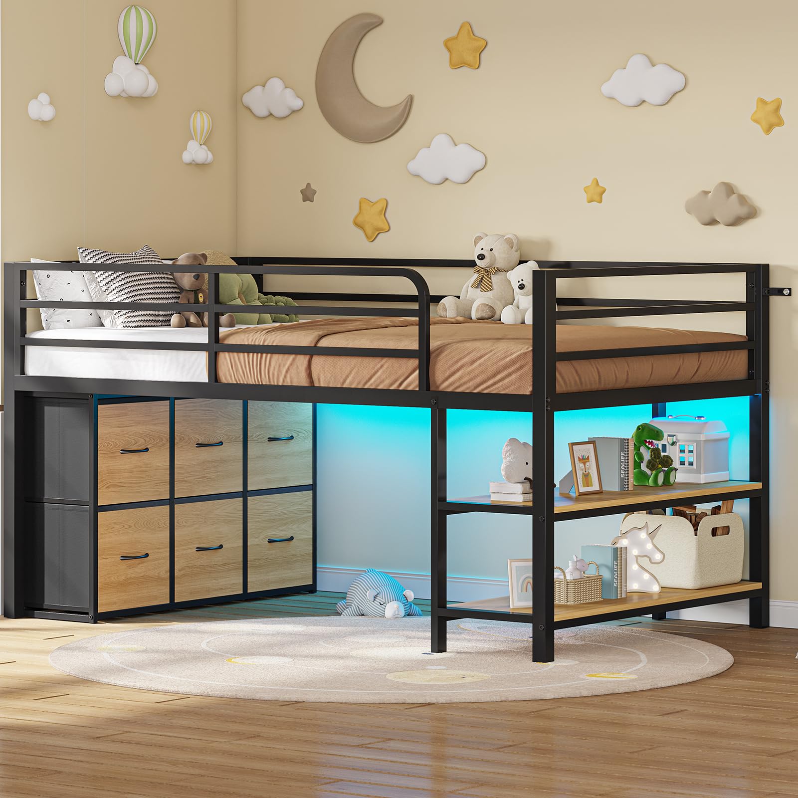 Low Loft Bed Twin Size with 6 Storage Drawers, LED Lights, 2 Tier Storage Shelves