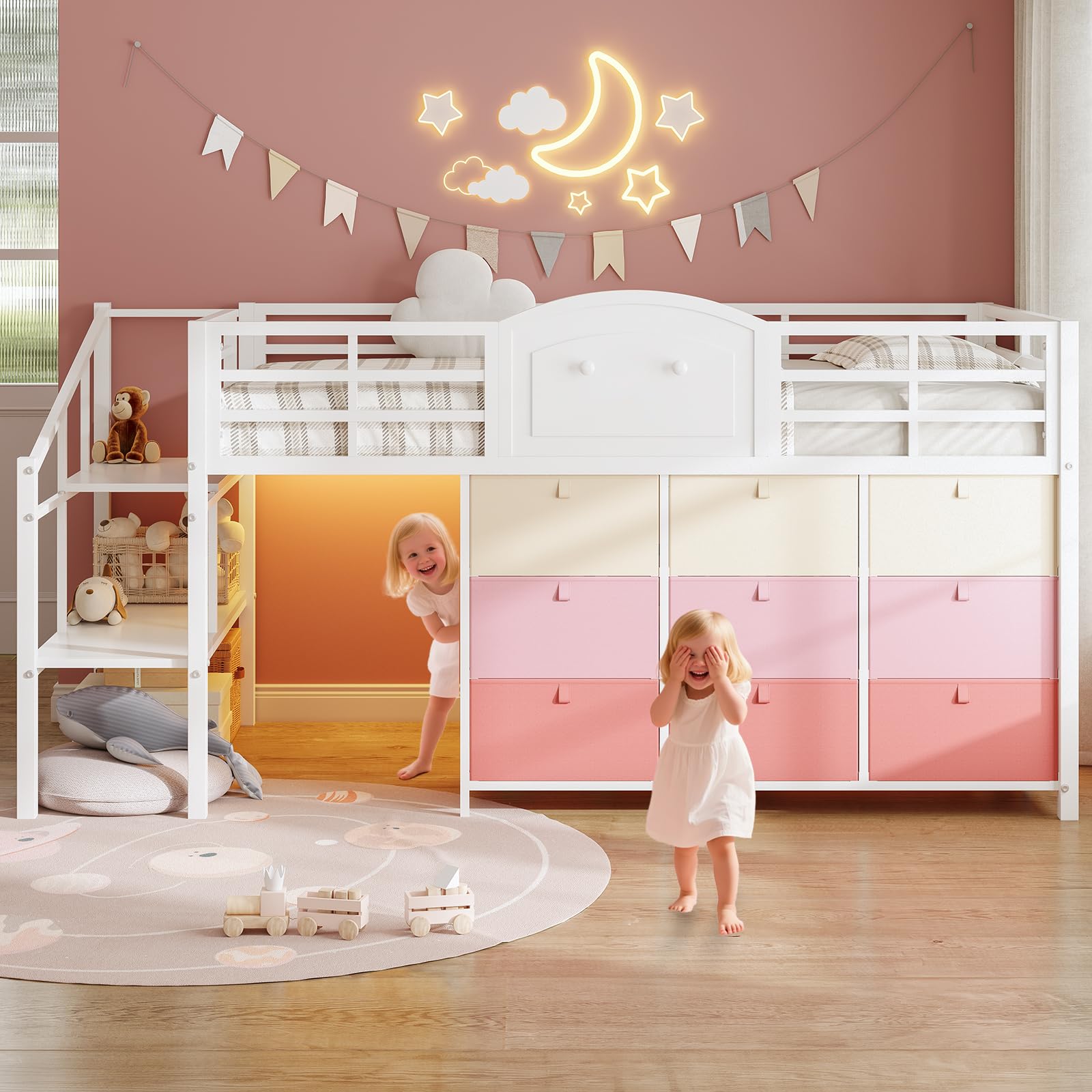 Low Loft Bed Twin Size with 9 Storage Drawers and LED
