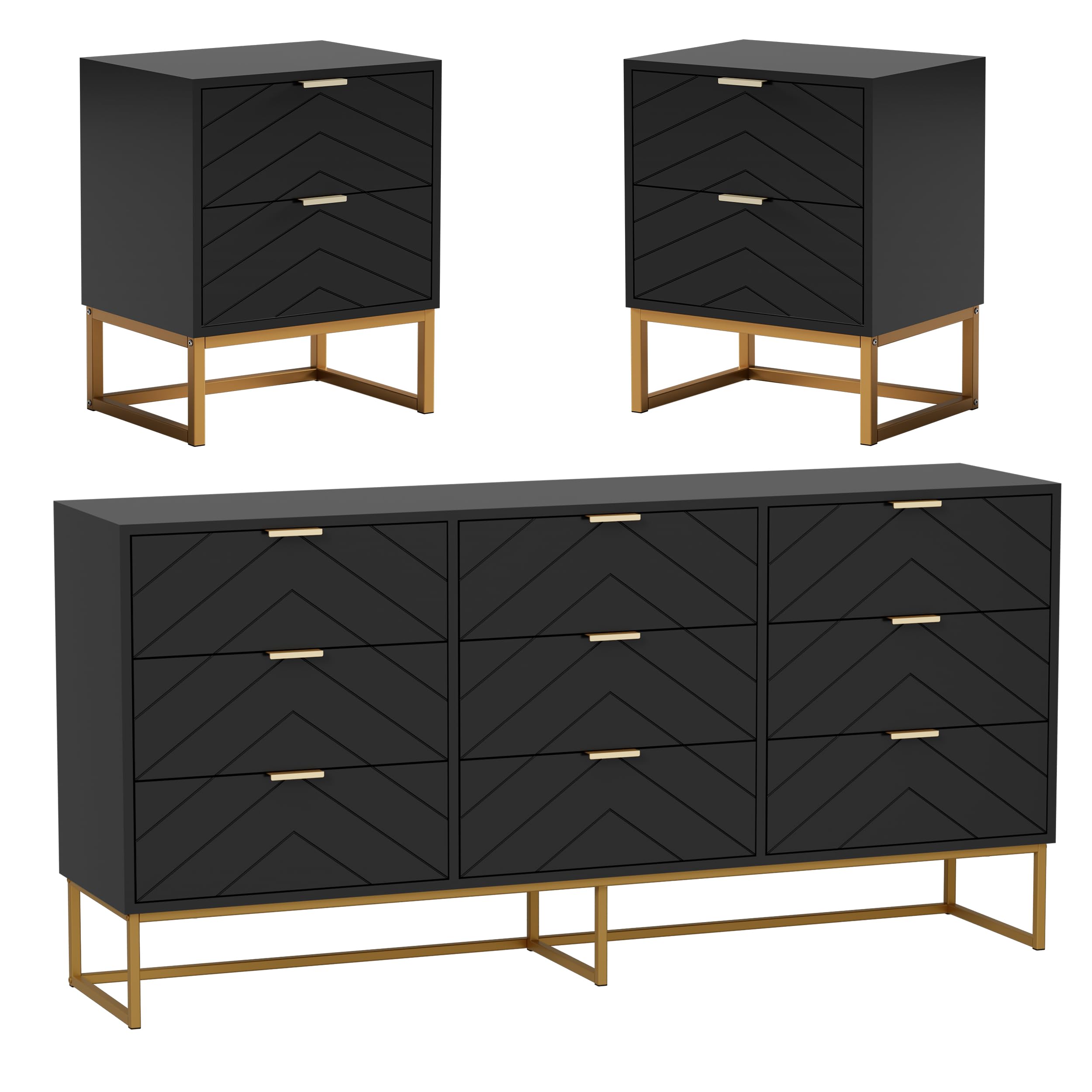 3-Piece Modern Dresser Set, 9-Drawer Dresser with 2-Tier Nightstands Set of 2