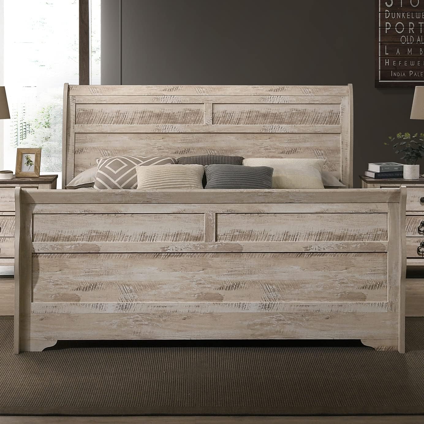 Imerland White Wash Finish 3-Piece Bedroom Set-Sleigh Bed and Two Nightstands