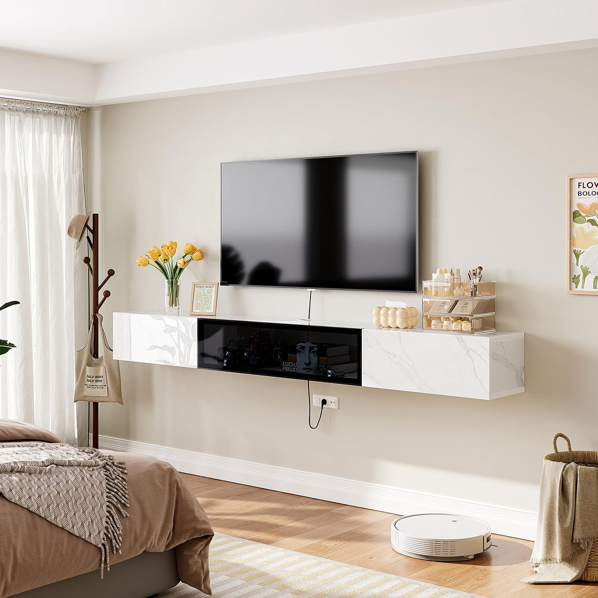 High Gloss Floating TV Stand with Glass Door