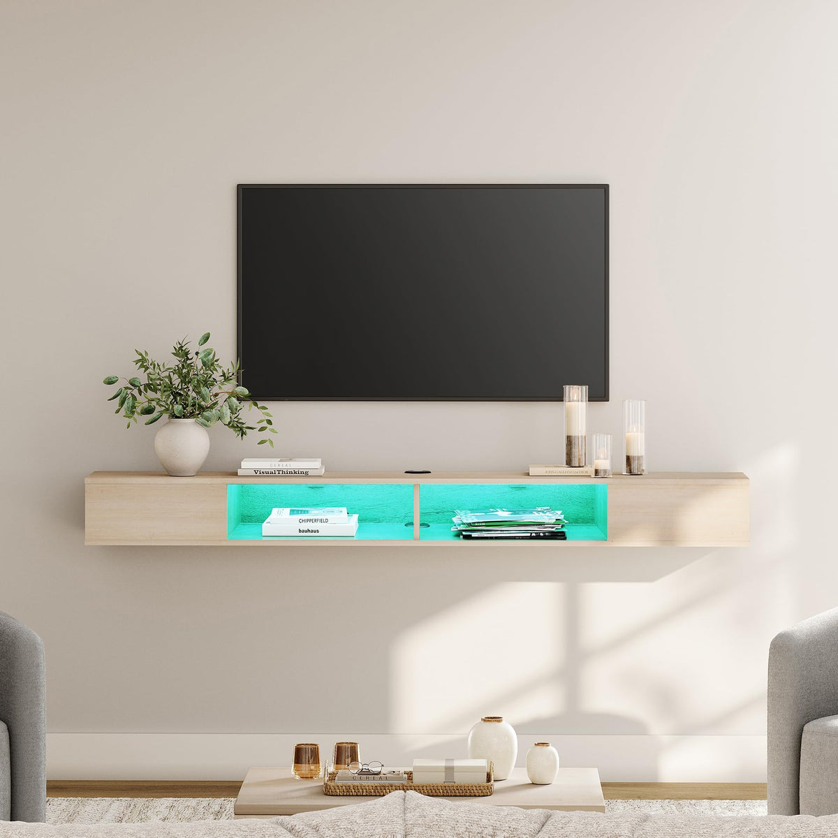 Floating TV Stand with LED Lights – 70 Inch Wall Mounted Media Console