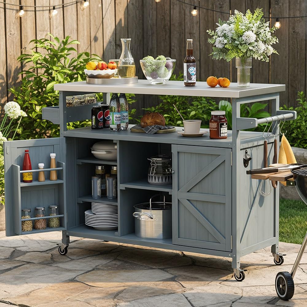 50" Outdoor Grill Cart Island with Stainless Steel Top & Locking Wheels