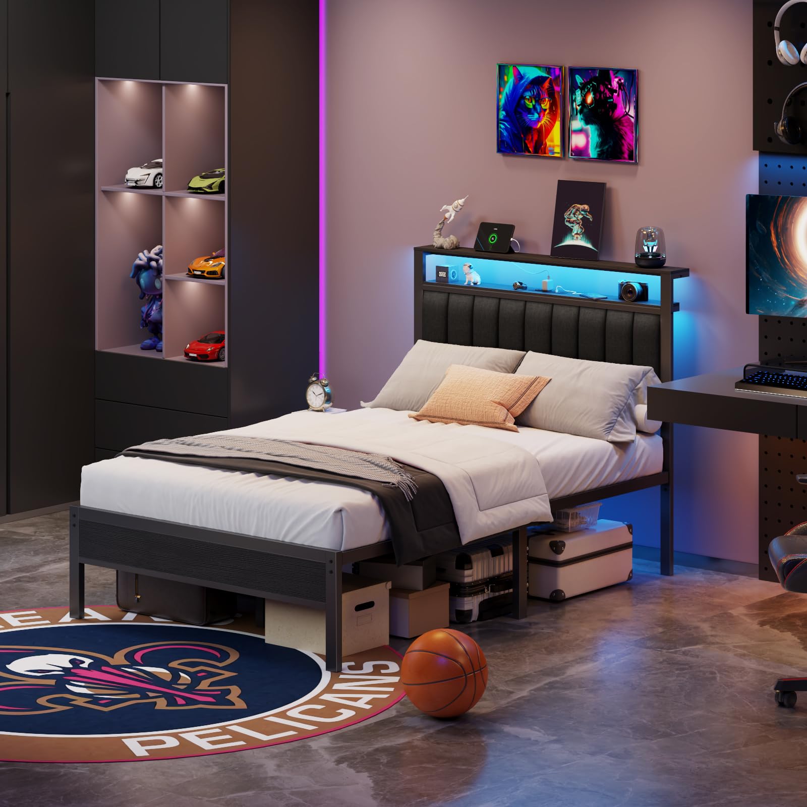 Full Size Bed Frame with Charging Station and LED Lights