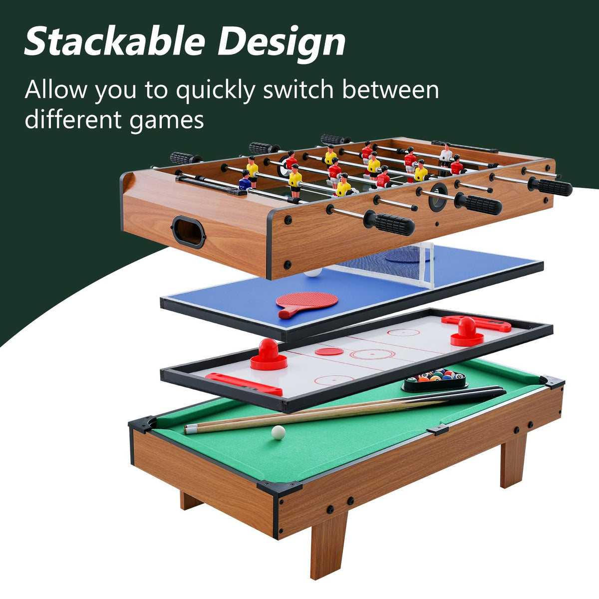 4-in-1 Multi Game Table with Billiards, Air Hockey, Foosball & Table Tennis