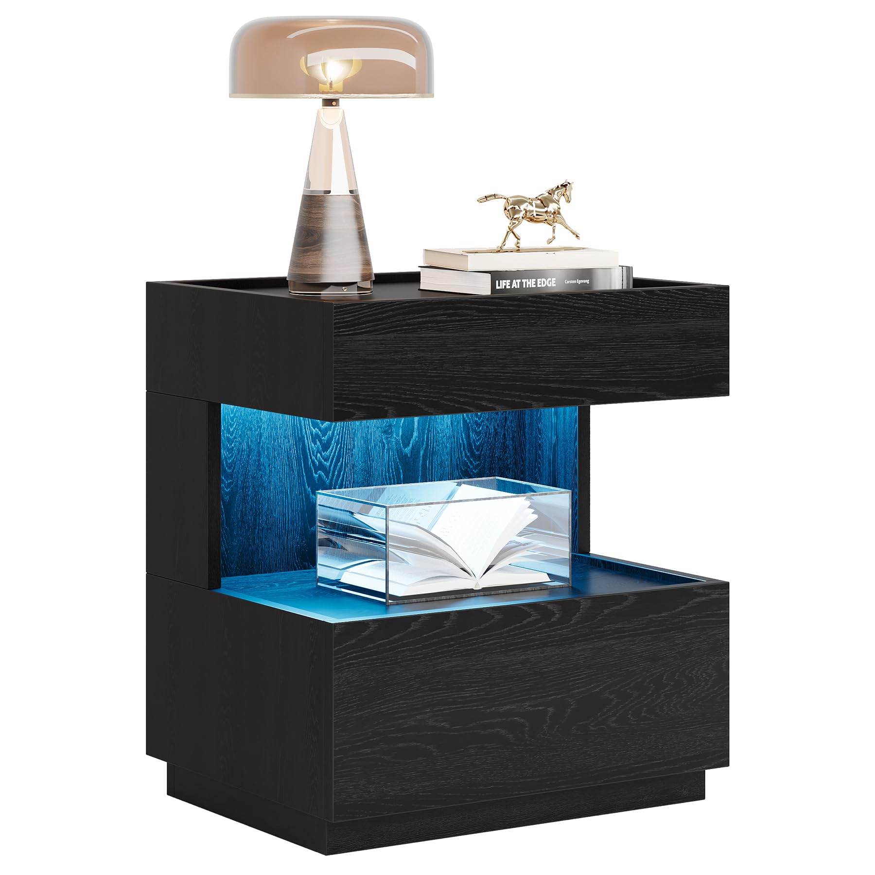 Black Nightstand, Modern LED Night Stand with 2 Drawers, Wood Bedside End Table