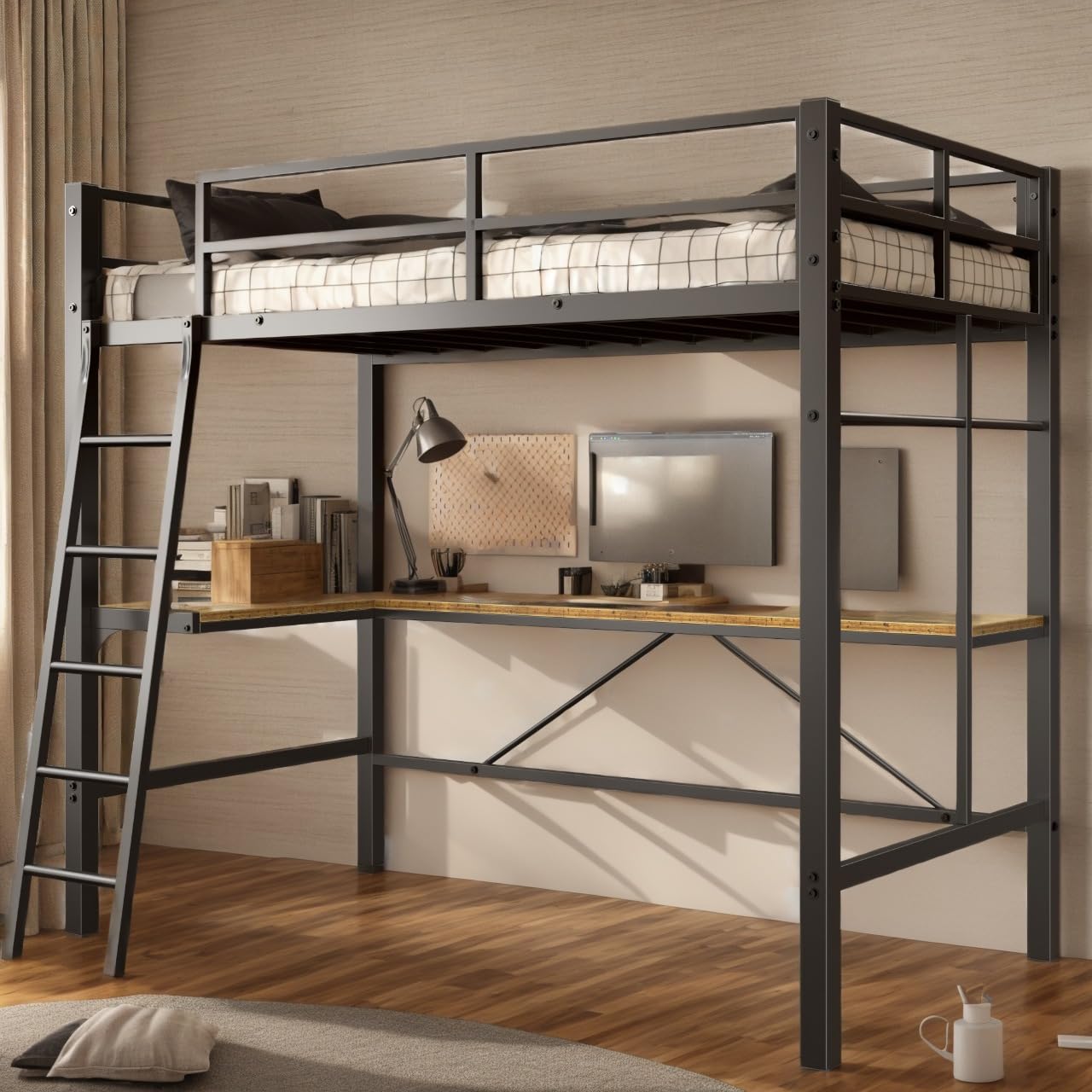 Metal Loft Bed Twin Size with Desk, Heavy Duty Twin Bed Frame with Ladder & Guardrail