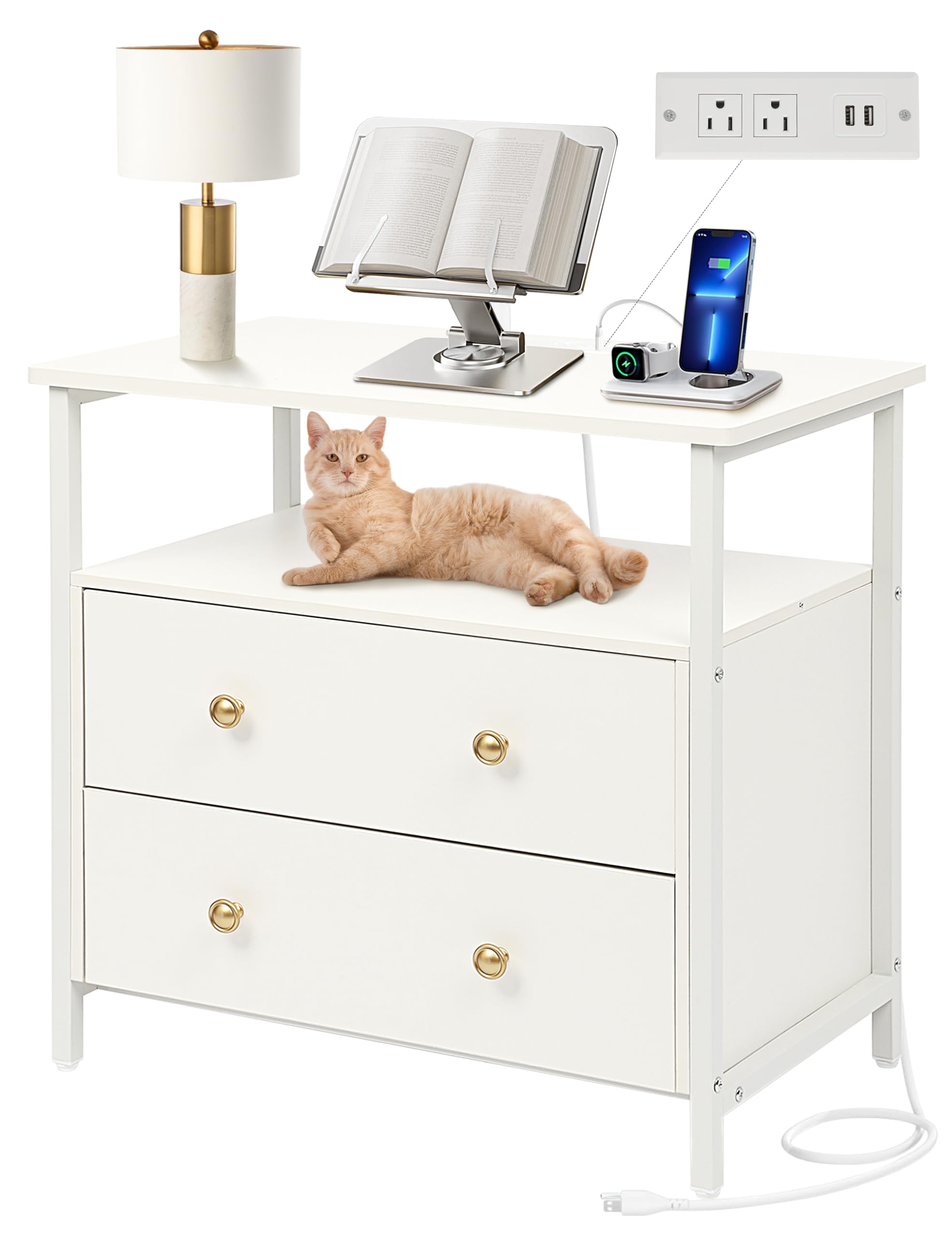 27 inch Wide Nightstand with Charging Station, Bedside Table with Open Shelf