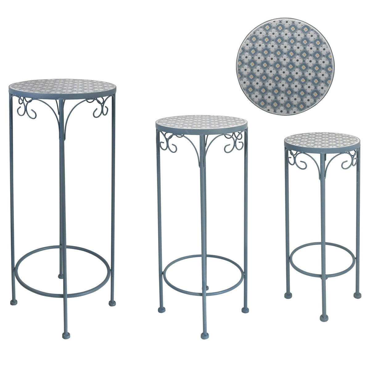 Ceramic Tile Plant Stand Set of 3 – Mosaic Metal Flower Stands, Indoor & Outdoor