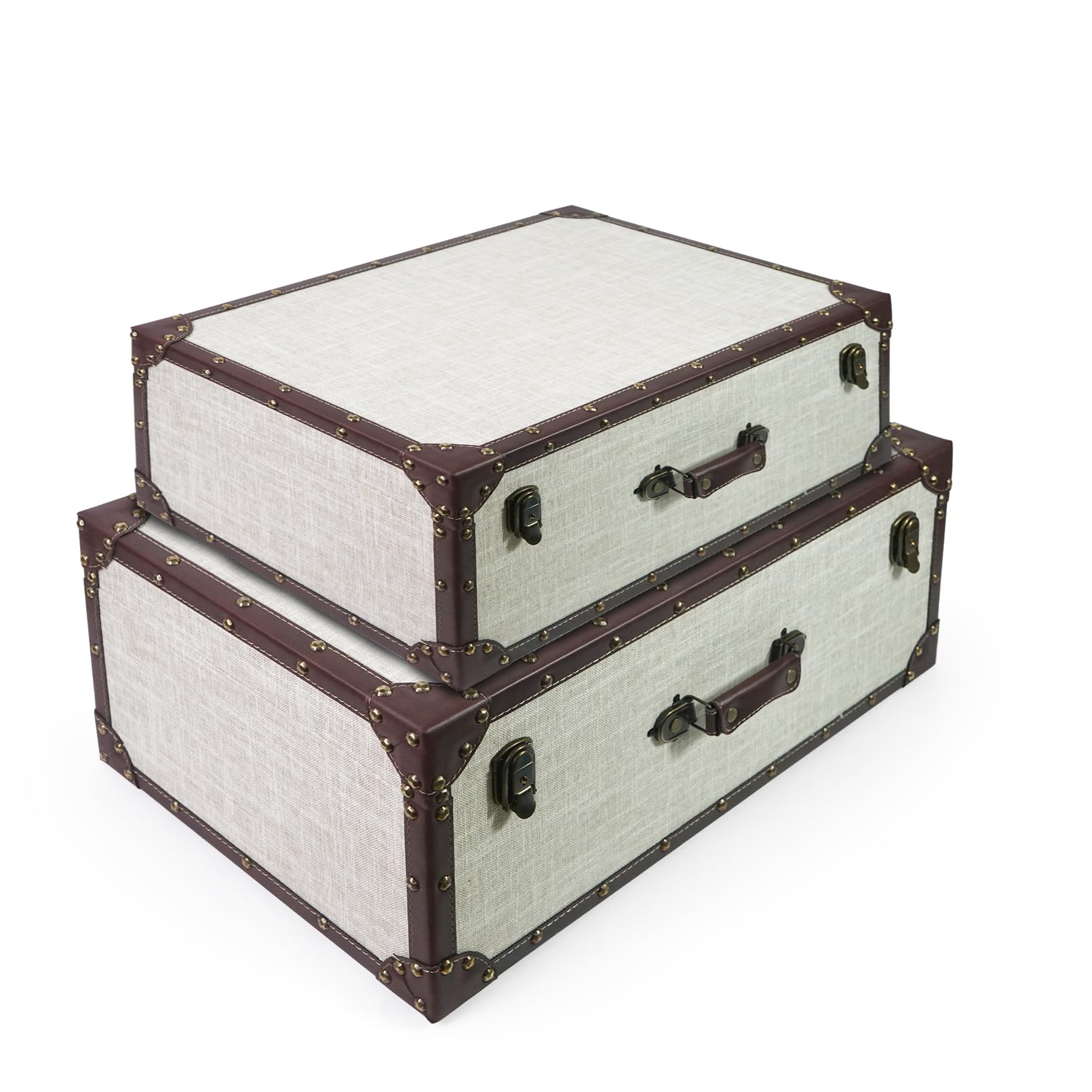 Vintage Wooden Storage Trunk Set of 2 – Decorative Suitcase Chests with Hinged Lids