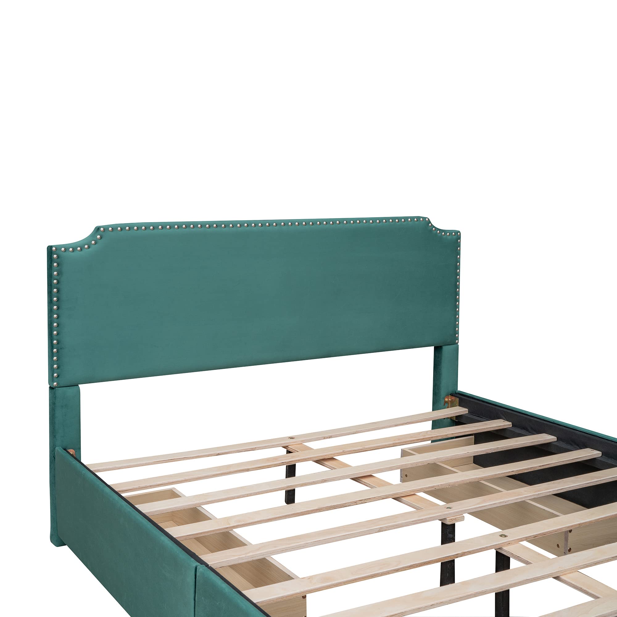 Platform Bed with Stud Trim Headboard and Footboard and 4 Drawers