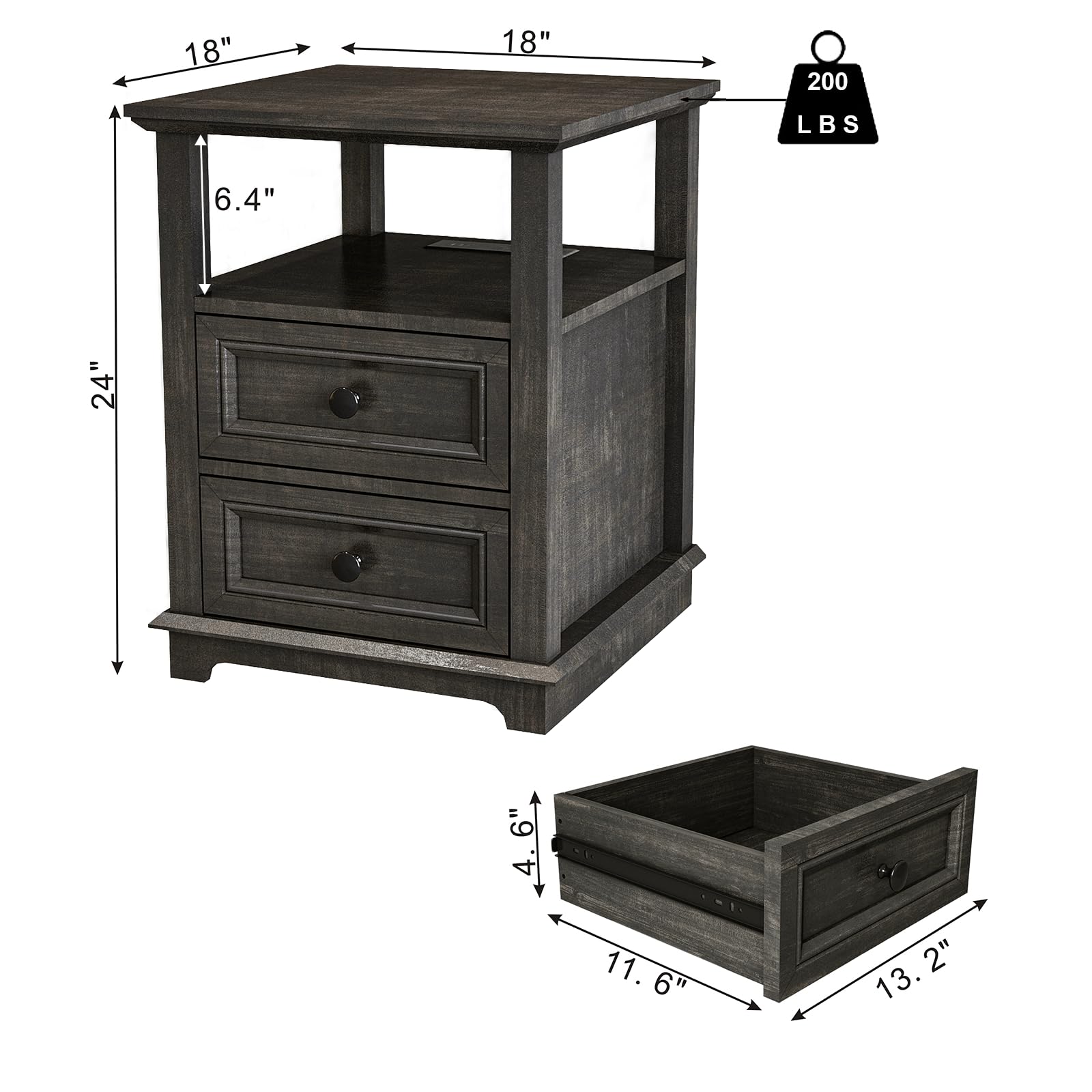 REDAYFUR 24" Tall Nightstand with Charging Station, Double 18W Fast Charge End Table, Large 18” Bedside Table with Drawers,Rustic Wood Storage Cabinet with Open Shelf for Bedroom,Olive Brown