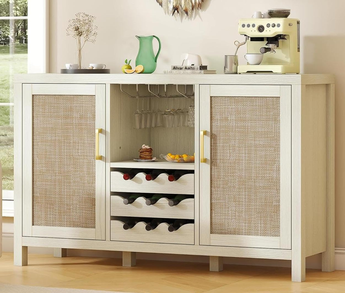 Rattan Sideboard Buffet Cabinet with Wine Rack & Glass Holders