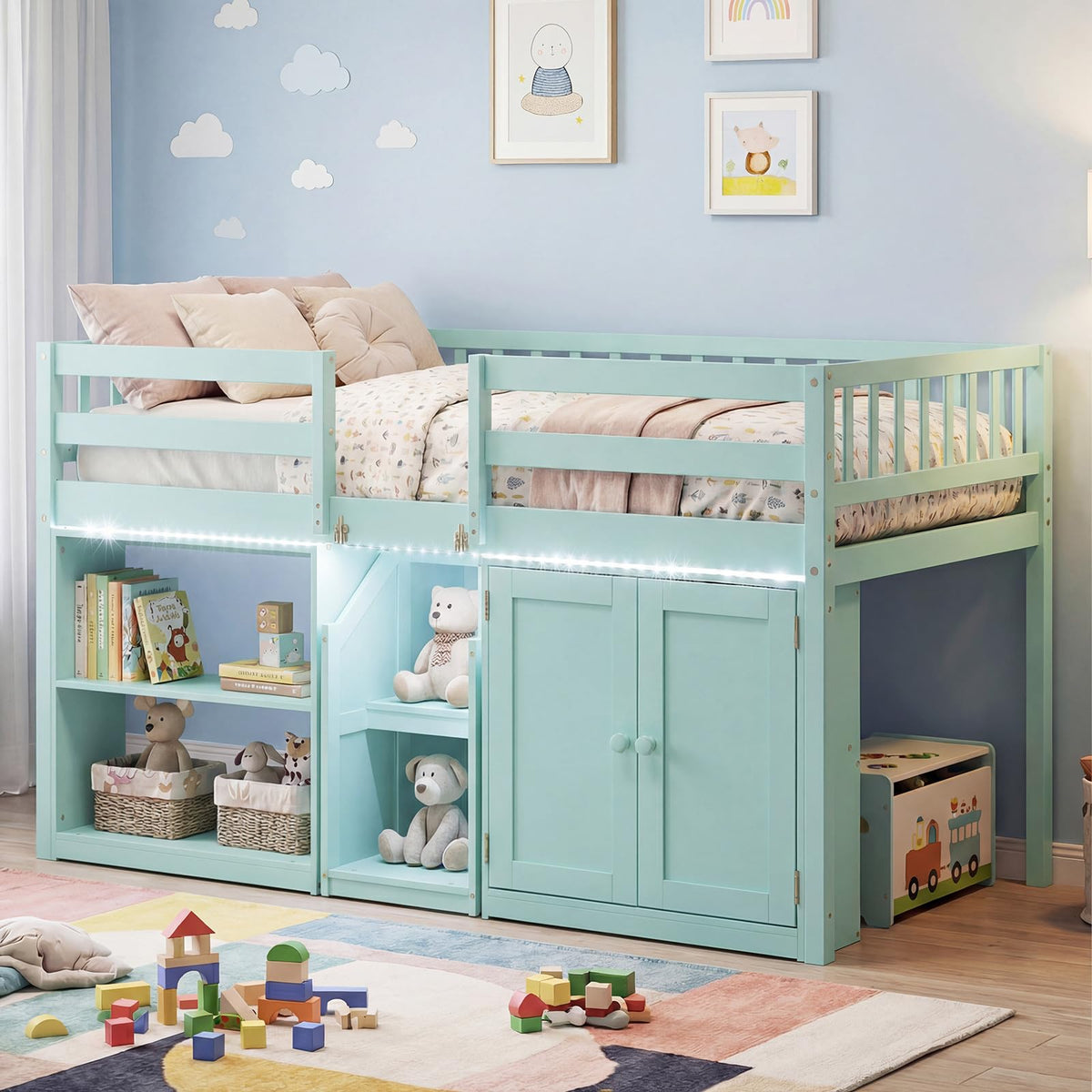 Kids Twin Low Loft Bed with LED Lights & Storage