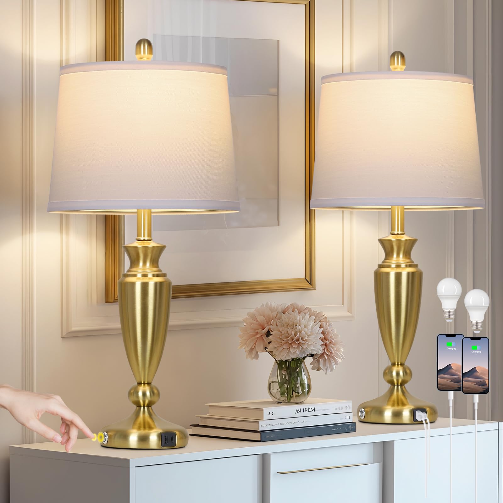 Table Lamps for Living Room, 3 Way Touch Control Bedside Lamps Set of 2 with USB