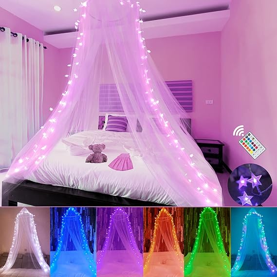 Rainbow Bed Canopy for Girls, Princess Canopy Bed Curtains with 24 Colors Star Lights