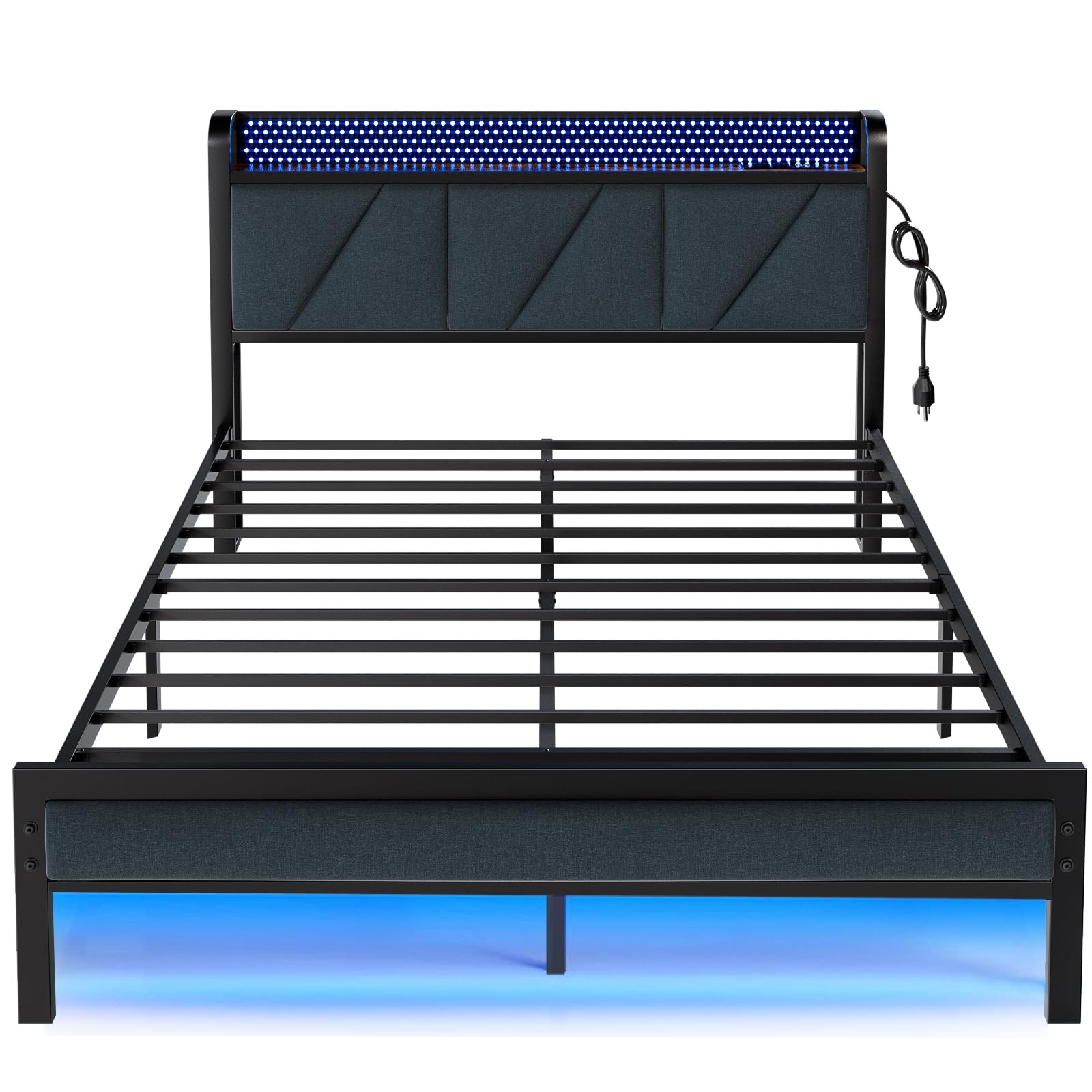 Queen Size Bed Frame with Headboard and LED Lights, Upholstered Bedframe