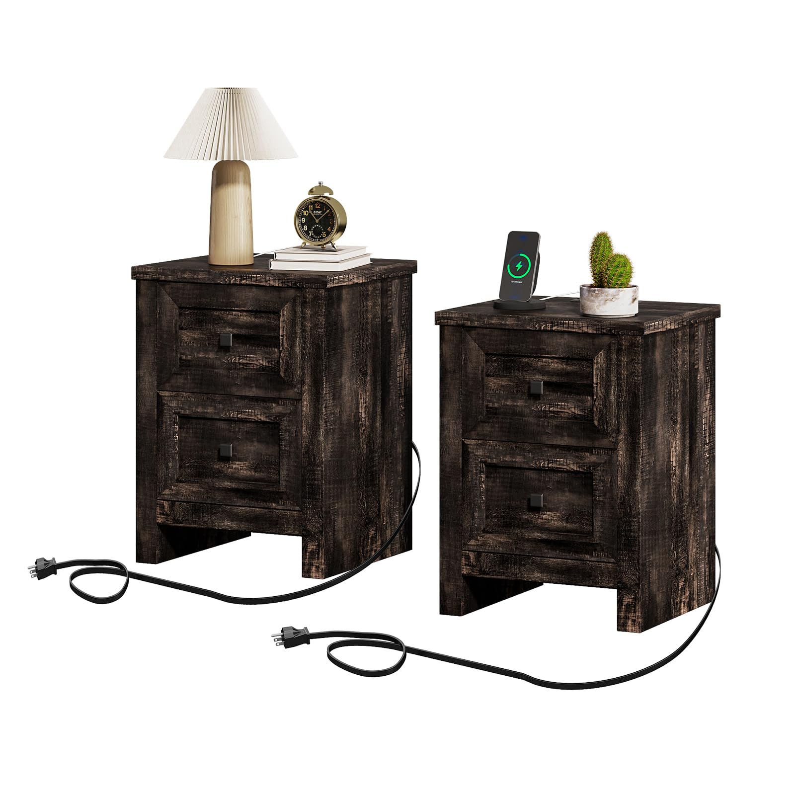 Nightstand Set of 2 with Charging Station, Farmhouse End Table