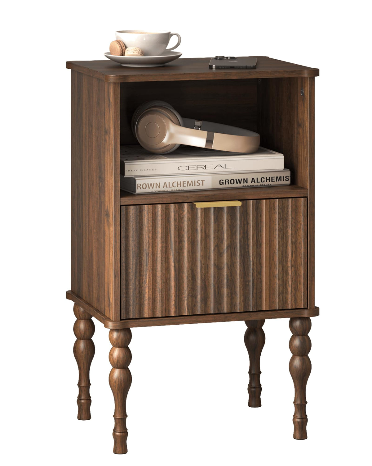 Fluted Nightstand with Drawer & Shelf – Walnut Brown