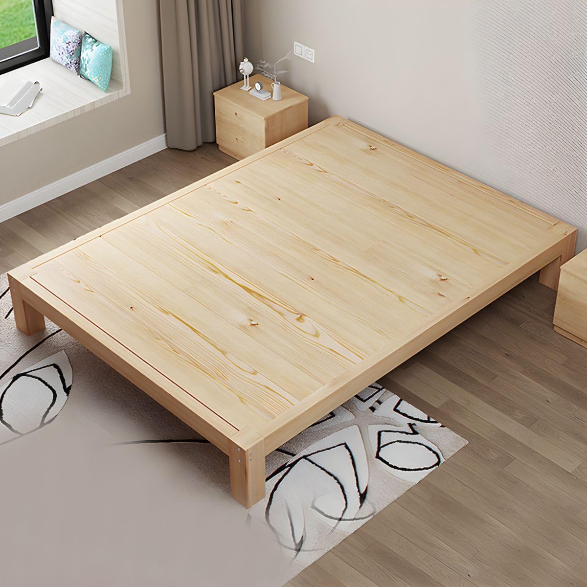 Solid Wood Bed Frame Scandinavian Wood Panel Bed Natural